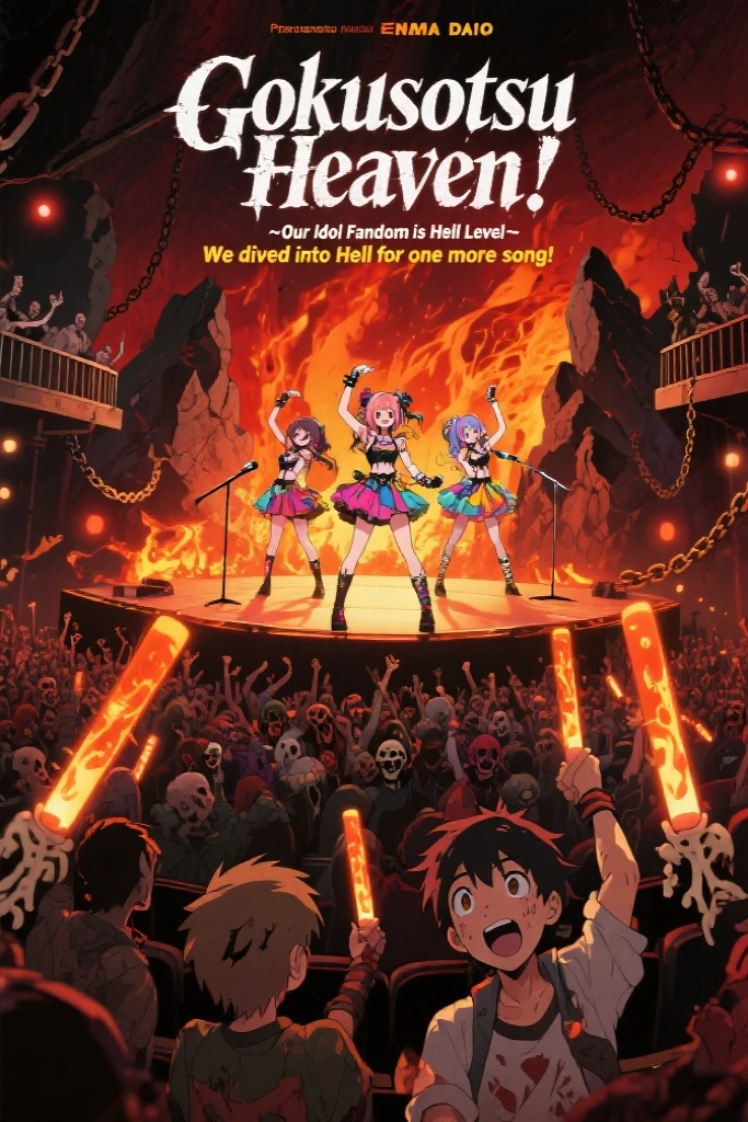 movie poster, highres, top quality, best quality, paid reward available, unparalleled masterpiece, perfect artwork, absurdres, High-quality illustrations, super high resolution, detailed background, perfect anatomy, anime style, **epic concert stage set in the depths of Hell**,(lava flows illuminating the stage:1.3), jagged rocks and chains decorating the venue, (Oni girl idol group "Gokusotsu Heaven" performing intensely:1.7), energetic poses, captivating expressions, colorful idol costumes contrasting with the grim background, (massive crowd of diverse demonic souls and deceased humans cheering wildly:1.4), waving glow sticks made of fire or bones, high angle shot showing the scale of the concert, (In the front row, slightly battered but with eyes full of passion, the otaku protagonist and his friends are shouting support:1.6), sweating and looking mesmerized, (Producer Enma Daio watching from a VIP balcony with a complex expression, perhaps pride mixed with exasperation:1.3), dynamic lighting, sense of overwhelming heat and sound, movie title "Gokusotsu Heaven! ~Our Idol Fandom is Hell Level~" prominently displayed, font: pop-gothic fusion, tagline: "We dived into Hell for one more song!"