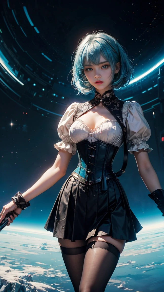 (Masterpiece: 1.2), (White Nurse Uniform: 1.1), (Thin Legs: 1.1), (Balance), (Ja: Elegant Lace or Fine Details), (Camera: Low Angle), (Character: 1 Girl), Delicate Facial Features, (Ja: Blue Eyes), (Ja: White Skin), (Ja: Shiny Hair), (Embedded: Nursing Tools), (Ja: Transparency), (Ja: Calm Atmosphere), Future Technology, Medical Instruments