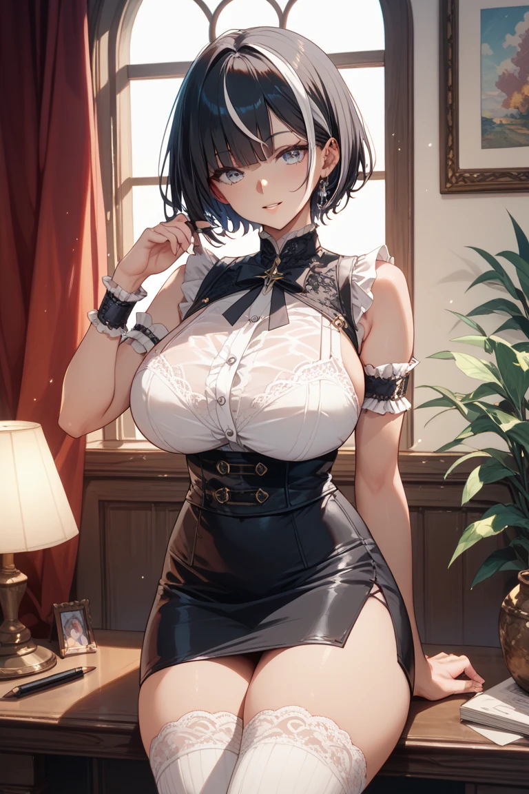 ((highest quality)),(ultra high resolution),(Super detailed),(detailed description),((best CG)),(best work of art),super precision art,amazing drawing art,(Fashion art with precise details:1.5), (adult women:1.6),(beautiful and well-shaped face:1.5),(big breasts:1.7),(((前屈みになり大きな胸をtableに乗せる:1.6))),(Short hair detailed and detailed:1.6),(sleeveless shirt:1.7),earrings, table:1.4,vase