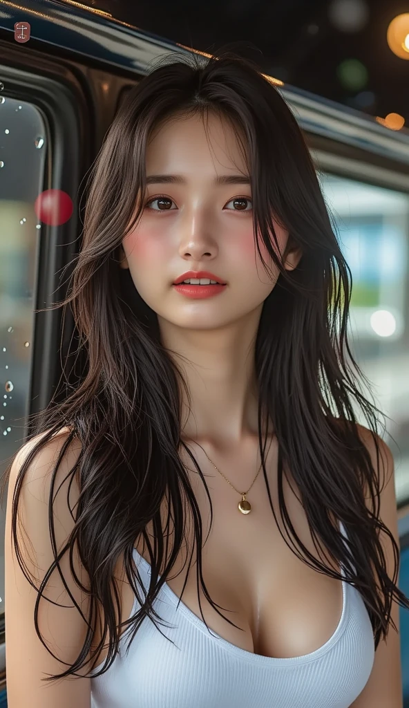 (8K、RAW photography、Highest quality、masterpiece:1.2)、(Realistic、Photorealistic:1.37)、Ultra-high resolution、One Girl、cute、solo, Browsing Caution，Highest quality，masterpiece，8K，Droopy eyes，Big Breasts，Beautiful breasts, Inside the red light district, Model Shooting Locations, Sexy pose, Highly detailed face, Highly detailed lips, Fine grain, double eyelid, Exquisite detail and subtle sparkle, Photograph her in poses that reflect both grace and confidence, Enhance visual effects with cinema lighting. Use modern 2D design for the background, Create beautiful, balanced compositions. Enhance the scene with elements such as depth of field, bloom effect, And a touch of sparkle, Add a dreamy texture to the overall image. Pay close attention to detail