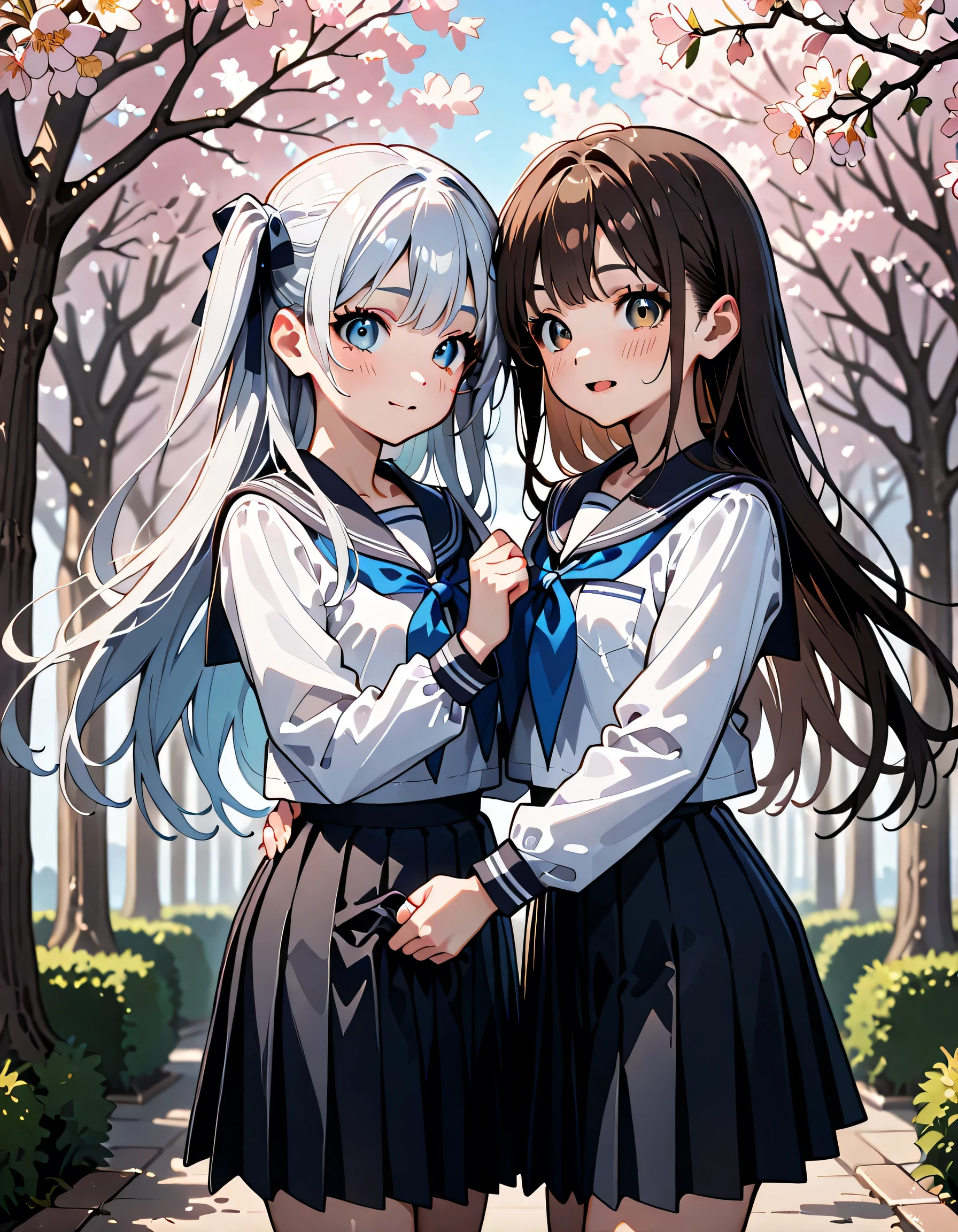 (score_9, score_8_up, score_7_up), source_Anime, absurd_res, white, blue, black, 2girls, duo, super fine illustration, an extremely delicate and beautiful, best quality, masterpiece, 8K, spring setting, cherry blossoms, gentle breeze, sunlight filtering through trees, (long silver hair), (twin side-up), (blue eyes), ultra-beautiful girl, (long black hair), (half updo), brown eyes, (wearing glasses), (round eyewear), ultra-beautiful girl, blushing faces, surprised expression, embarrassed reaction, skirts lifting from sudden wind, hands desperately holding skirts down, dynamic pose, soft fabric movement, Fluttering petals, warm and bright atmosphere, soft lighting, delicate color palette, detailed clothing folds, flowing hair, lively spring vibe, highly detailed rendering, breathtaking composition,