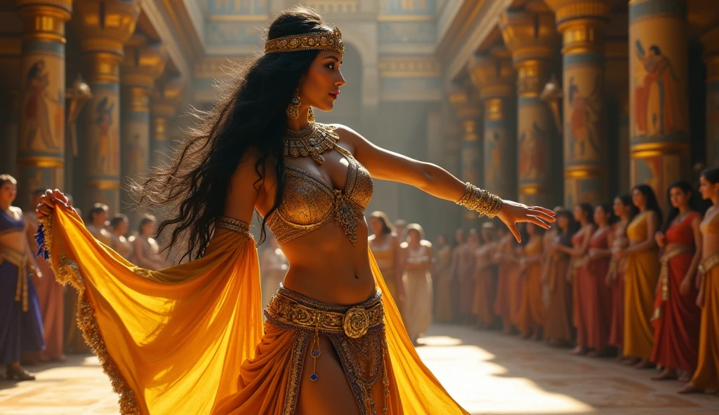 (Conan movie)(best quality,4k,highres:1.2),ultra-detailed,realistic:1.37, A group of Egyptian women (aged near 20, various builds and complexions, tend towards and nimble, ancient Egyptian dancer attire, make up, and body paint) Have been ordered to dance by their queen. Sensual belly dance, graceful serpentine movement, torch light dancing on oiled skin, alluring grace and beauty, revealing outfits. One of the women is extremely excited and volunteers enthusiastically, she is extremely happy. Cover any bare nipples with metallic star pasties (no nudity, safe for work)