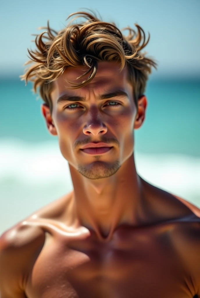 a handsome blonde boy, beautiful detailed eyes, beautiful detailed lips, extremely detailed face and features, long eyelashes, chiseled jawline, muscular physique, shirtless, in a tropical beach setting, glowing golden skin, ocean waves crashing in the background, warm sunlight, cinematic lighting, photorealistic, 8k, hyper detailed, masterpiece, art by artgerm and greg rutkowski