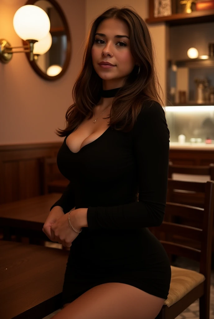 Lucieen robe au restaurant, large chest, The evening