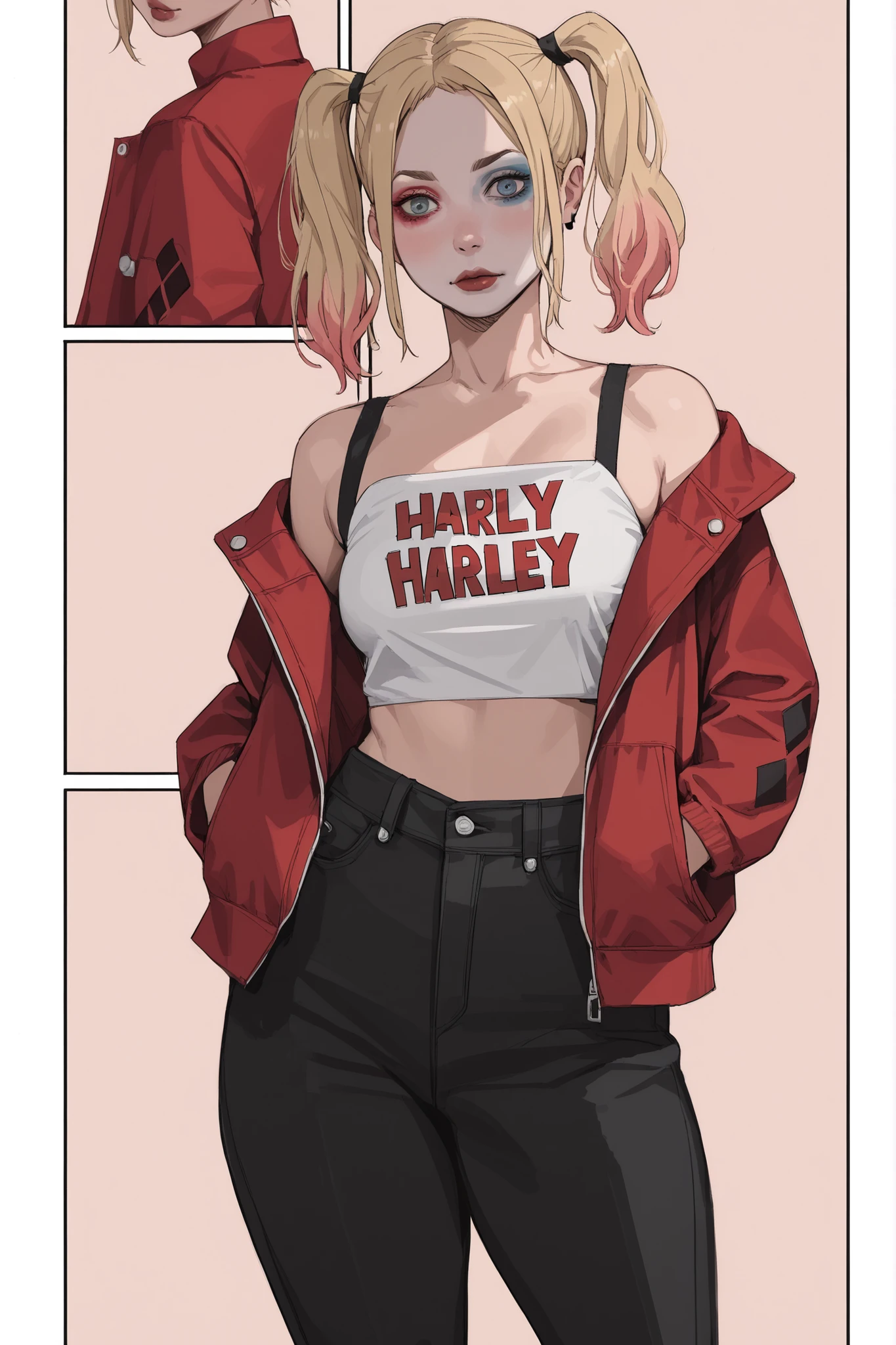 1 girl, Harley Quinn, short blonde hair, pink and blue gradient, bangs, blank eyes, blush lines, pale skin, voluptuous, black cropped shirt, red bare shoulders jacket, black pants, DC, simple background, hentai comic, frames, multiple views, multiple frames