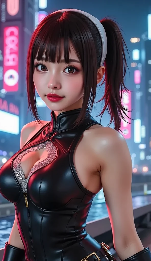 (((Beautiful girl small breasts))),Wearing a black jacket、Cyberpunk Red Green Background、(((Upper body naked))),smile,,、Round face,Big eyes, Round eyes、No makeup、Sweaty