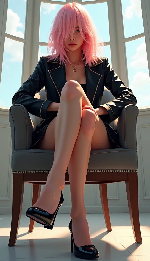 A low-angle digital artwork of a young woman with long, light pink hair, partially covering one eye, viewed from below. She is sitting on a chair with her legs crossed, wearing a black leather jacket and a short skirt. Her feet, clad in black high heels, are prominently featured, with the arch of her foot elegantly highlighted. The perspective emphasizes her legs and shoes, creating a powerful and dynamic composition. The setting is a bright room with large windows, allowing natural light to softly illuminate her skin and the smooth, glossy texture of her heels. The overall scene exudes a sense of confidence, elegance, and a modern, stylish vibe.