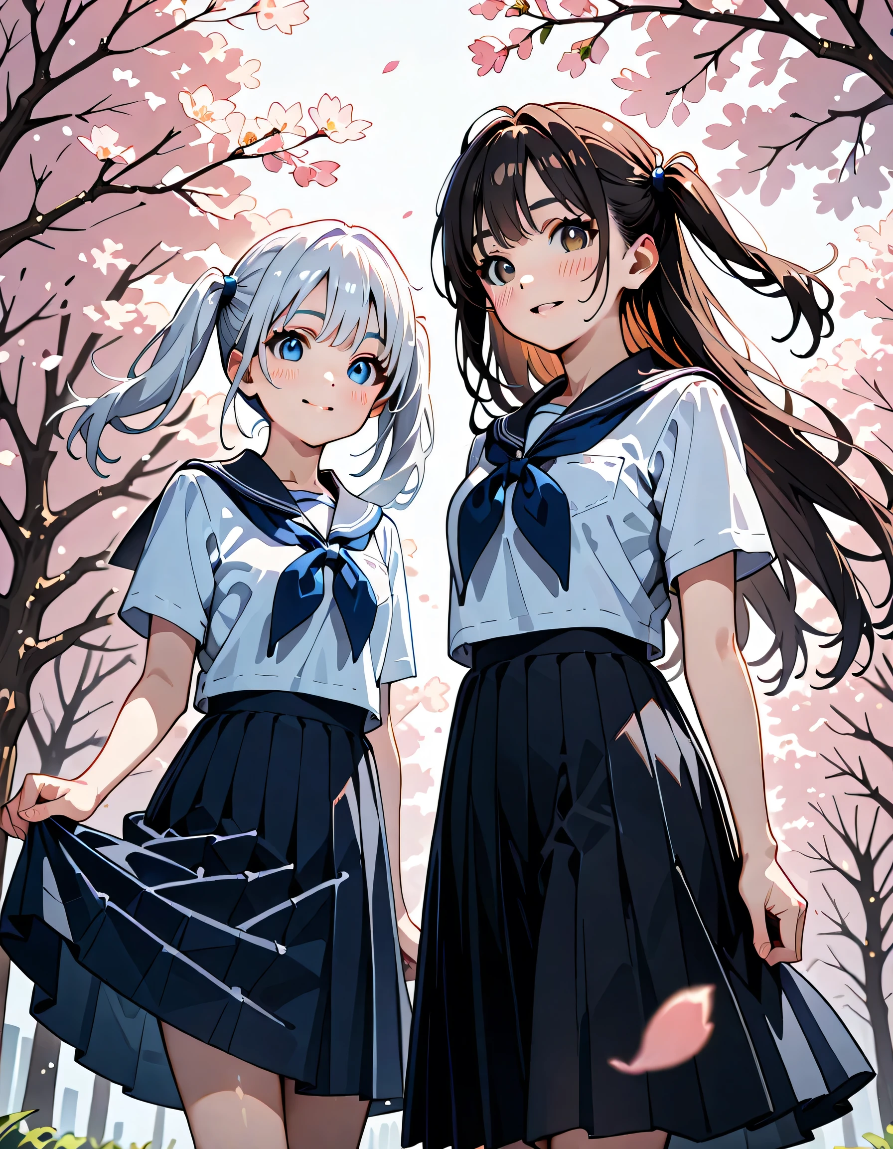 (score_9, score_8_up, score_7_up), source_Anime, absurd_res, white, blue, black, 2girls, duo, super fine illustration, an extremely delicate and beautiful, best quality, masterpiece, 8K, spring setting, cherry blossoms, gentle breeze, sunlight filtering through trees, (long silver hair), (twin side-up), (blue eyes), ultra-beautiful girl, (long black hair), (half updo), brown eyes, (wearing glasses:1.2), (round eyewear:1.2), ultra-beautiful girl, blushing faces, surprised expression, embarrassed reaction, skirts lifting from sudden wind, hands desperately holding skirts down, dynamic pose, soft fabric movement, Fluttering petals, warm and bright atmosphere, soft lighting, delicate color palette, detailed clothing folds, flowing hair, lively spring vibe, highly detailed rendering, breathtaking composition,
