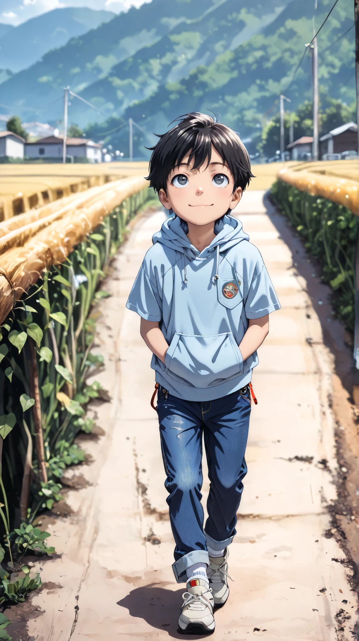 1 boy, ((young boy, )), (solo), black hair, black eyes, (detailed eyes), smiling,
break, (actual clothes: 0.3), short-sleeved hoodie with front pockets, jeans, white socks, sneakers, (full body shot), (from the front), (hands in front pockets of hoodie), looking up, (country road, outdoors), walking,
break, (masterpiece), best quality, top quality, very aesthetic, (exquisite details), natural colors, vivid colors, clear lines, perfect anatomy, (detailed shading), realistic, depth of field, (beautiful background, very detailed background),