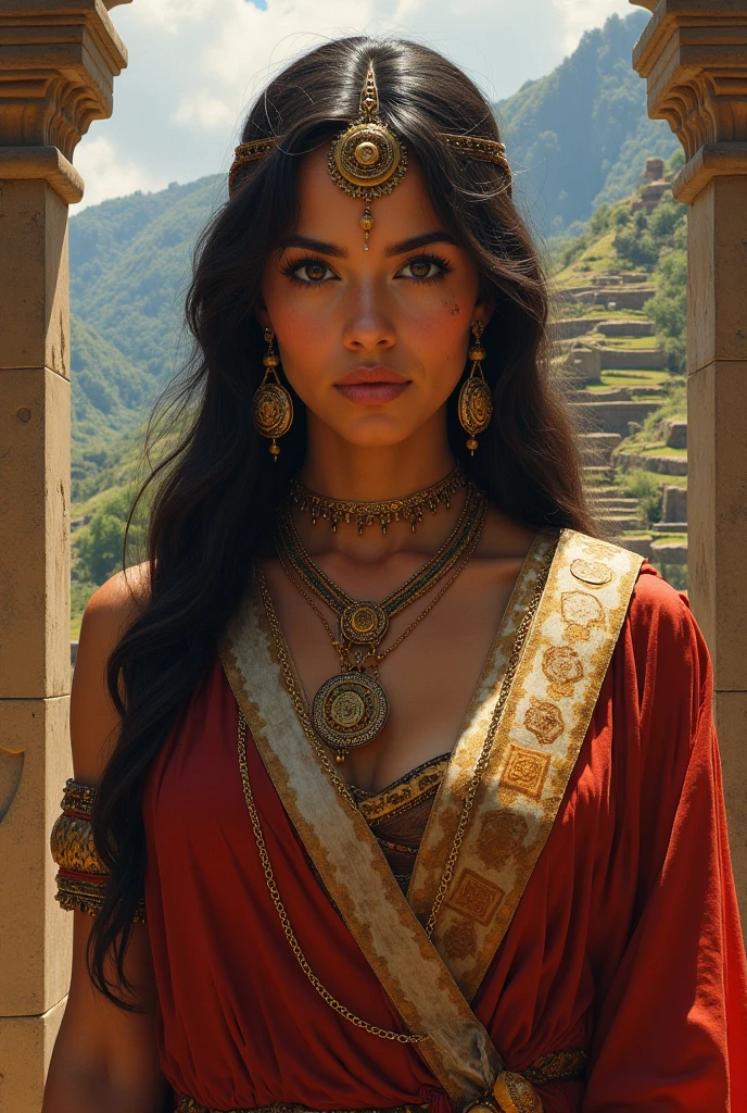 A beautiful 25-year-old woman and a man stand in a large Olmec city, dressed in typical Olmec very sexy clothes. At the back, other Olmecs people step between the buildings. photorealism, cinematography, looking at the camera, ((Isolation:1.1 ), (Glaze:1.1), (Reflected light:1.2), Glass, Polygon, extremely detailed, intricate, (((((to the looking at the camera)) )), full shot, ((dark theme)),