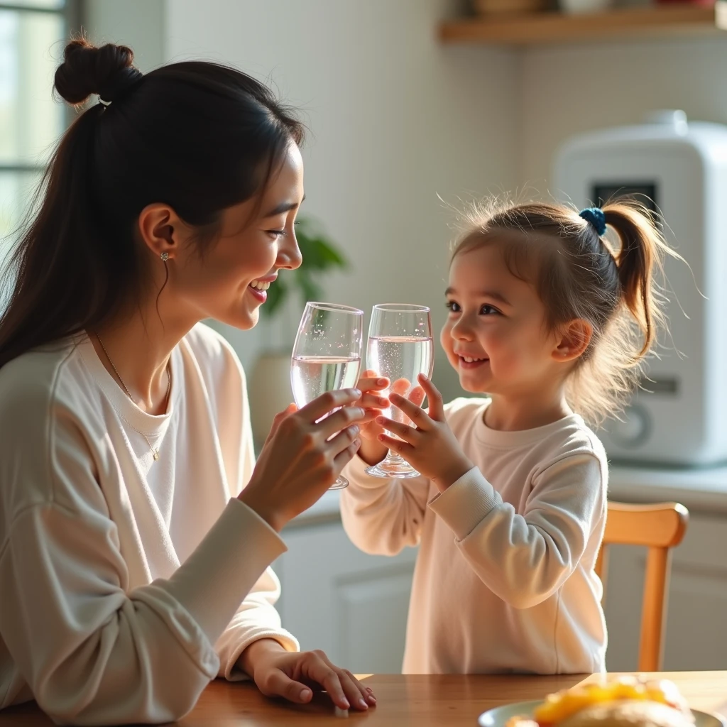 ((best quality)), ((masterpiece)), (detailed), perfect face. Uma imagem com alta qualidade de detalhes 4k ,a very beautiful mother and daughter in an elegant kitchen drinking water.a filha, holding a glass of water in his hand. The mother is next to them, with another glass of water, and looks at the space where there is a rectangular jar of crystal clear water. The kitchen is modern and well lit, with white cabinets and a large window.st quality)), ((masterpiece)), (detailed), perfect face