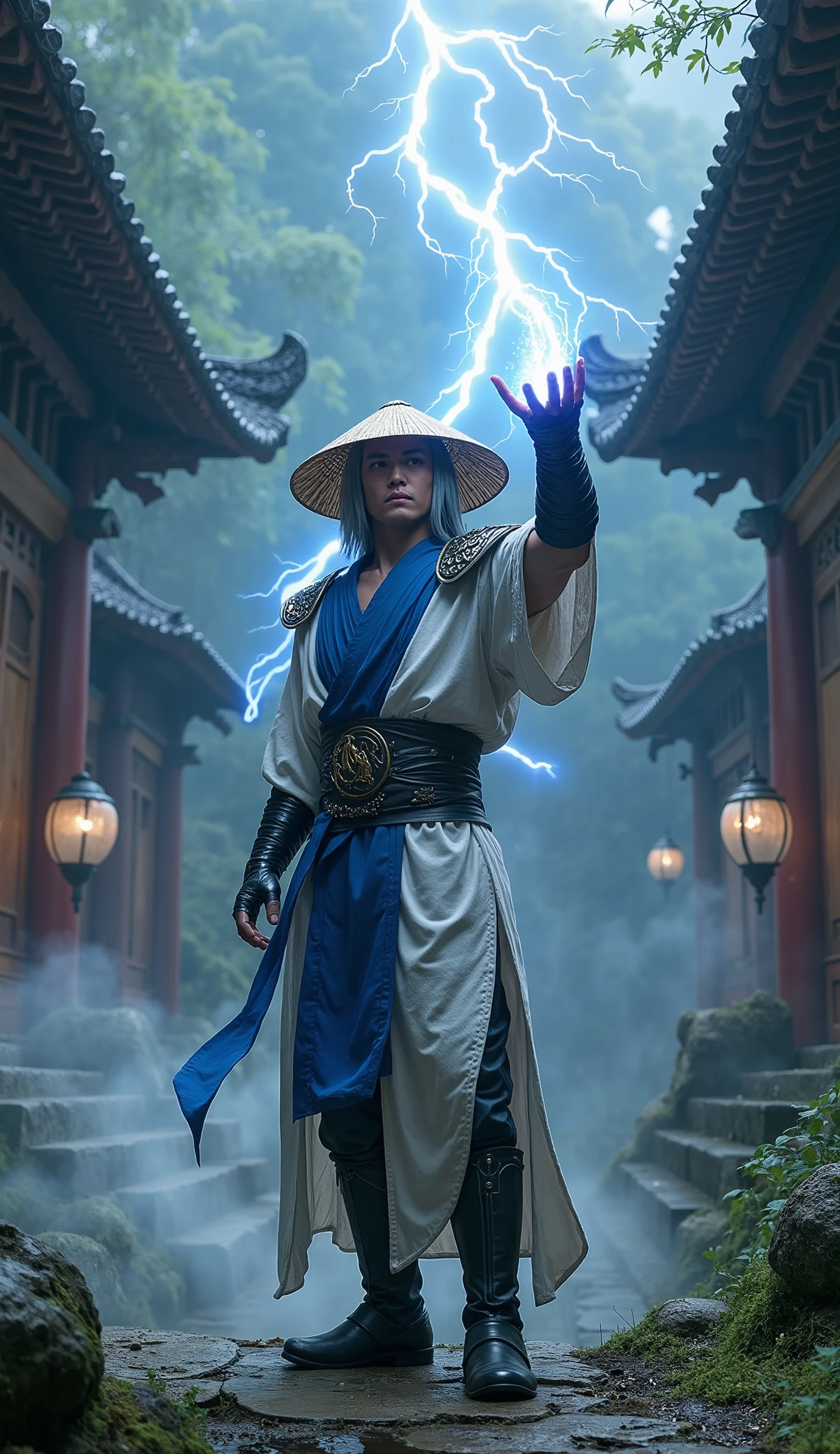 A hyper-realistic 4K image of Raiden from Mortal Kombat standing in an ancient temple hidden deep in a misty forest, infused with a strong oriental aesthetic. He wears his iconic outfit: a white and blue tunic with metallic shoulder guards, dark gauntlets and shin guards, and a wide black belt. Blue lightning arcs crackle around his body. One hand is raised toward the sky, drawing powerful bolts of lightning into his palm, emphasizing his mastery over the storm. His eyes are normal — no glow — reflecting a calm, stern, and wise expression reminiscent of an ancient Eastern sage. He has shoulder-length gray hair — subtly graying and naturally textured, not overly artificial — flowing beneath a traditional conical straw hat, which rests directly on his head with no mask or helmet, leaving his face fully visible. The temple around him blends classic East Asian architecture with natural decay — wooden beams, dragon carvings, and stone lanterns overgrown with moss and vines, shrouded in fog. The sky is stormy, thunder crashing around him. A subtle futuristic HUD overlay enhances the cinematic feel. Ultra-detailed, photorealistic, 4K resolution, dramatic and mystical atmosphere.