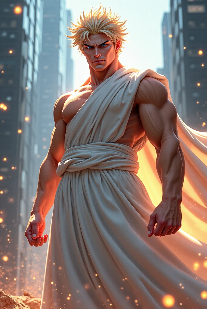 Shirtless young man with white cloth wrapped around his waist reminiscent of Greek statues、Having wounds、Kneeling and remorseful