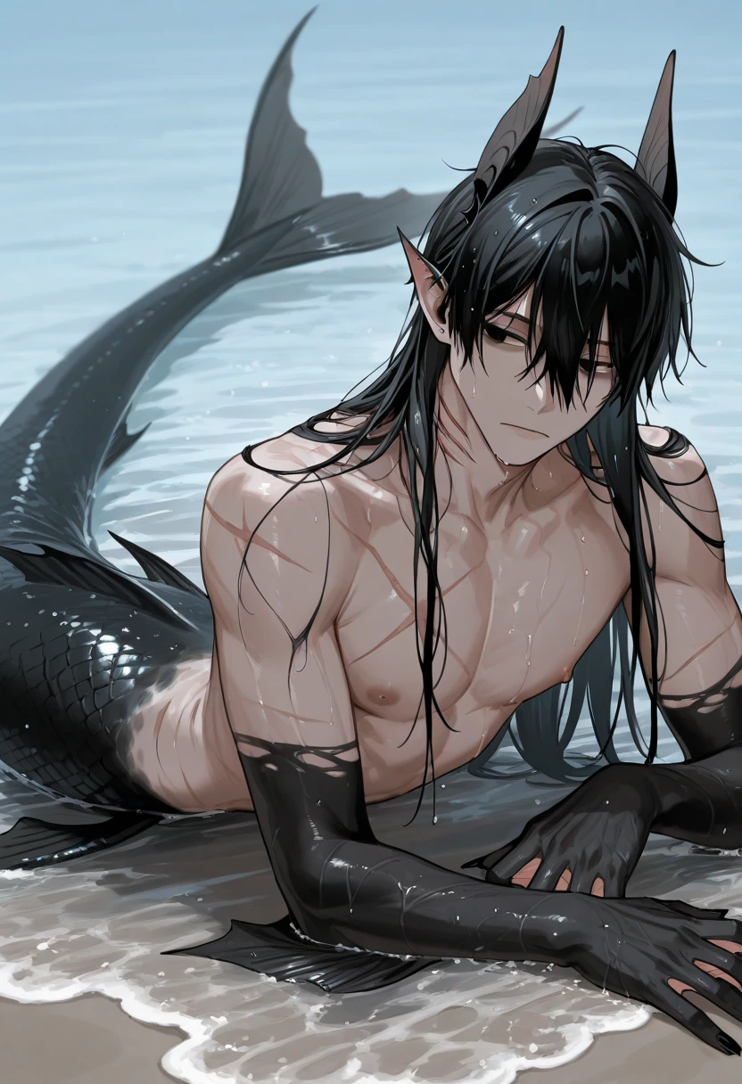 a close up of a person laying on a rock with a mermaid tail, by Yang J, male art, handsome japanese demon boy, by Ju Lian, by Li Mei-shu, with his long black hair, by Li Zai, by Qu Leilei, by Yang Jin, by Shitao, handsome anime pose, by Shen Zhou, by Li Kan
