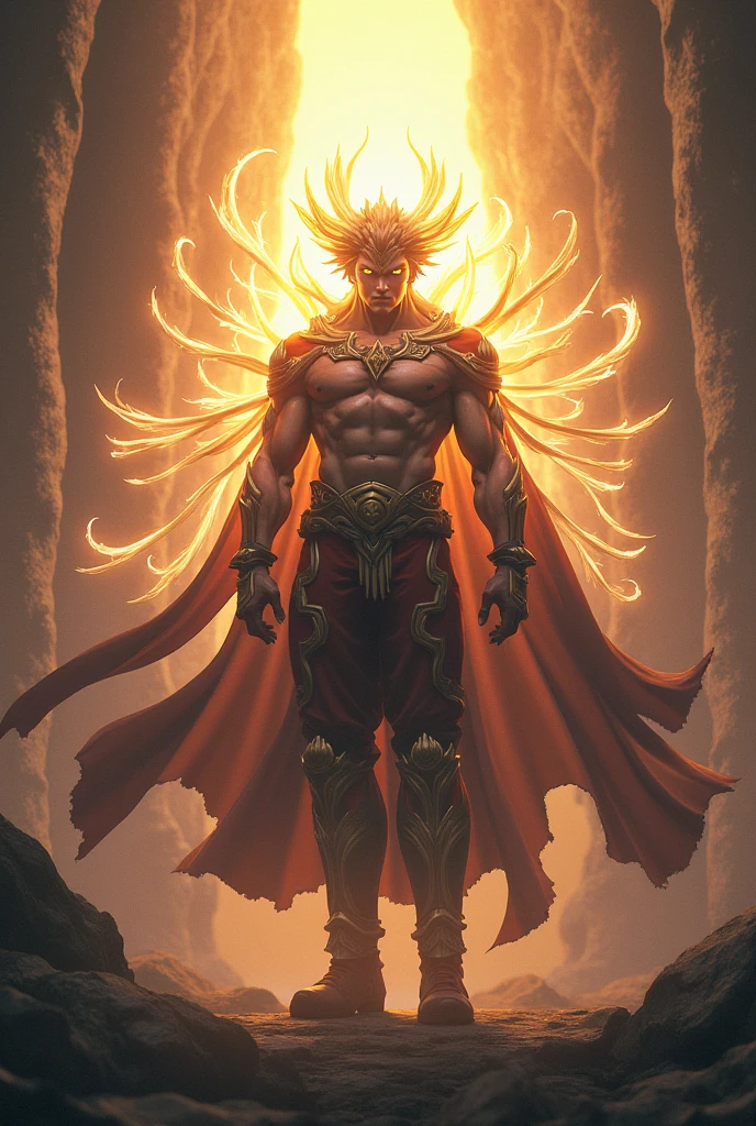 high resolution, best quality, photo, 8K, (realistic: 1.2), cinematic lighting, close-up of a person in a monk's costume in flames, medium long hair, hair standing up, real person, attack, dynamic active running pose, dynamic pose, running pose, dynamic pose, full body in dynamic pose, mixed fighting south claw pose, dynamic movement pose, dynamic pose realistic, dynamic action pose, hero male pose, perfect dynamic body type, dynamic pose full body, fighting pose, black eyes, bright yellow glow, Flames floated in the sky, beams of light enveloped his body, Golden light above his head (aura: 1.2), abdominal muscles wearing medieval golden armor, beard, masculinization, light, masterpiece, best quality, intricate details, fire environment and crystal in background, futuristic portal, 3D light, HD, magic, light god, detailed face, fear, depth of field, soft lighting, tone mapping, highly detailed, concept art, smooth, clear focus, dramatic lighting, highly detailed art, film, 8K, Amazing shadows (highly detailed background: 1