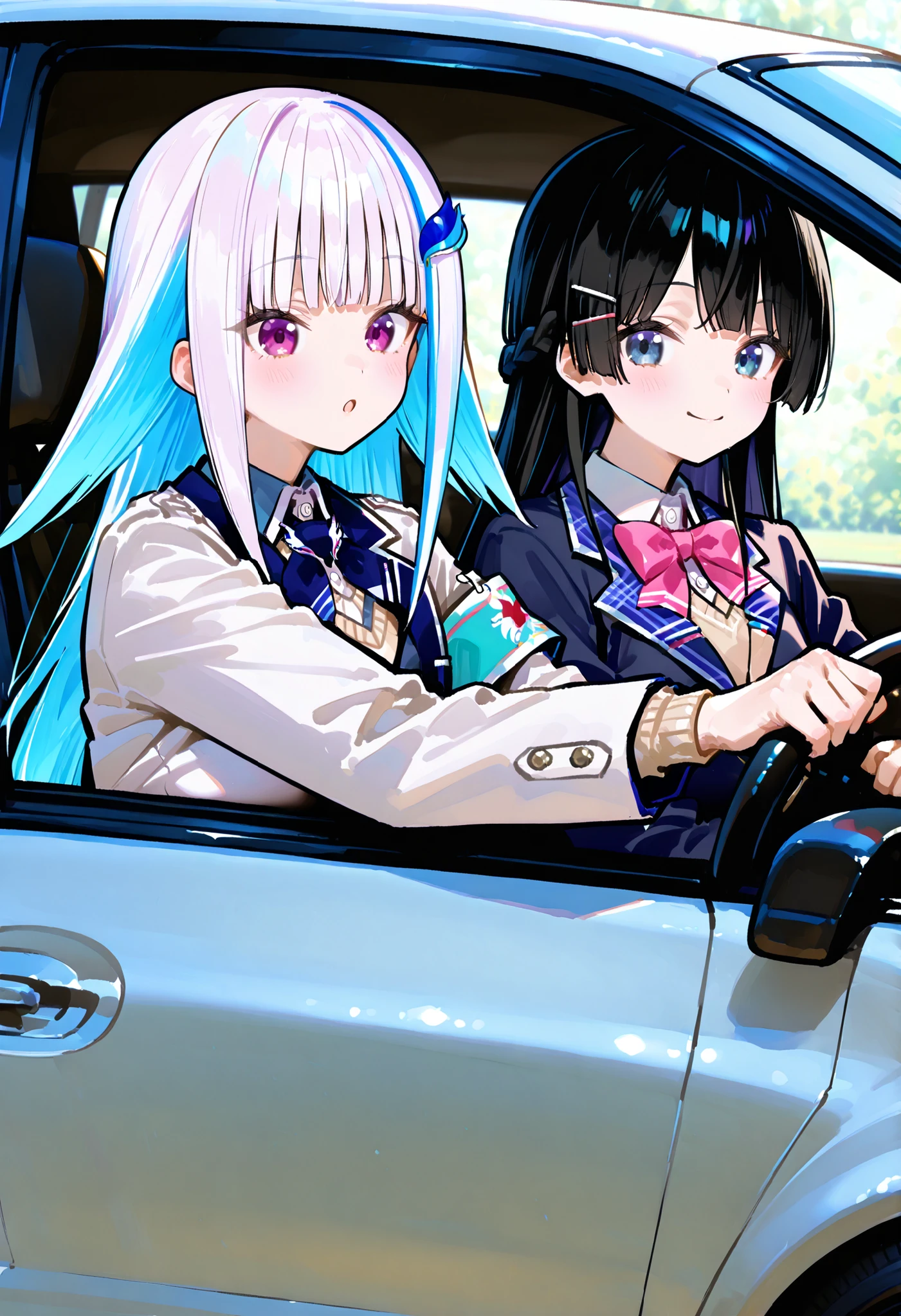 748cmstyle。2 women。Tsukino Mito (Nijisanji)。blazer uniform。Get in the car。Lize Helesta。Driving。white shirt, white jacket, long sleeves, armband。2 seater。long hair