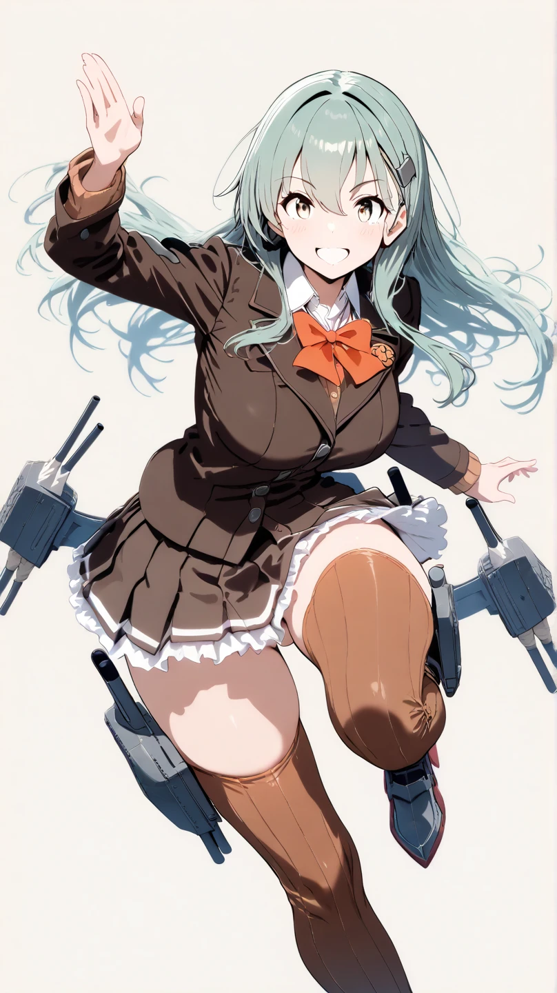 best quality, masterpiece, highres, solo, {ooyodo_kantaicollection:1.15}, black_hair, long_hair, glasses, hairband, semi-rimless_eyewear, under-rim_eyewear, blue_eyes, green_eyes, small_breasts, 1girl, looking_at_viewer, necktie, harbor_school_background, red_necktie,angry,smile,Proudly,(bunny_suits:1.5),bunny_ears,thighs,fishnet_pantyhose,cuffs,