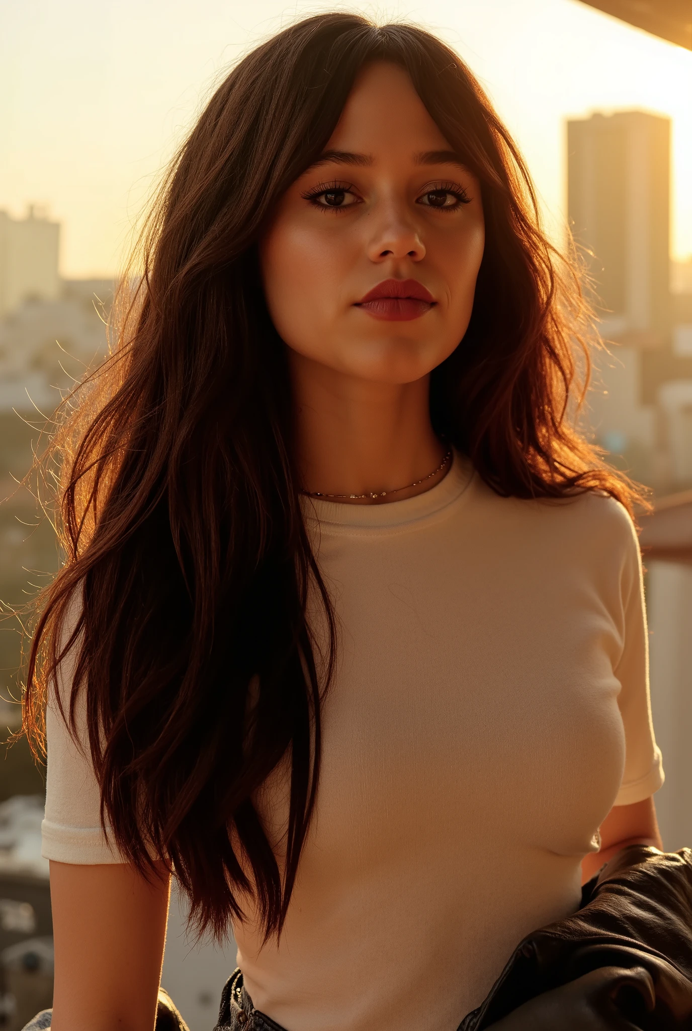 ((Jenna Ortega, big breasts:1.5)), A high-resolution photo of kodak style with subtle impressionistic undertones, featuring refined, elegant brushstrokes and a warm, sensual atmosphere. A woman leans forward, her face inches from the camera, as she smiles directly into the lens with a confident, inviting gaze. The warm glow of the setting sun streams down from above, illuminating her face and casting a subtle, alluring radiance on her features, and her eyes sparkle with a hint of quiet intimacy and playful flirtation. Her long brown hair is styled in a wavy, sensual fashion, framing her face and accentuating her features, and her lips are painted a deep, bold red as she smiles, her expression drawing the viewer in with an irresistible sense of charm and seduction, as if sharing a secret or whispering a sweet nothing in their ear, and her white t-shirt and dark skinny jeans are subtly rumpled, as if she's just leaned in close to whisper a confidence, her denim jacket slipping off one shoulder as she gazes up at the viewer with a look of playful, flirtatious invitation.
