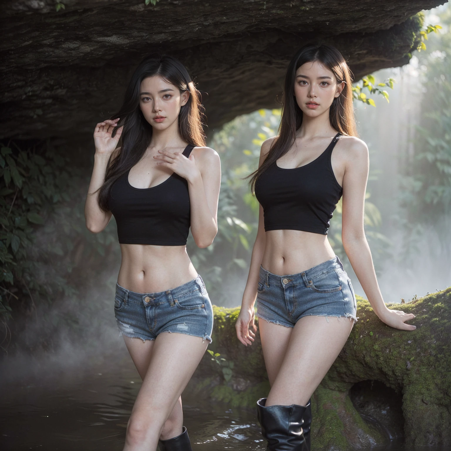 1girl, (solo:1.4), detailed face, looking at viewer, pose for professional photography, crop top, panties, low-rise shorts, navel, thigh, ponytail, wearing backpack, simple background, professional lighting, glossy irisdescent clothing, light smile, (forest ruins:1.2), (moss:1.2), high humidity, soft light, masterpiece, photorealistic, (full body:0.8), (10yo, cute:1.2), (breasts:1.2), (18yo), (asian:hispanic:0.6), warm olive skin undertone, (large breast), brown eyes, thick eyelashes, straight long black hair, mischief smile, closed-mouth, chunky necklace, cut-out detail,