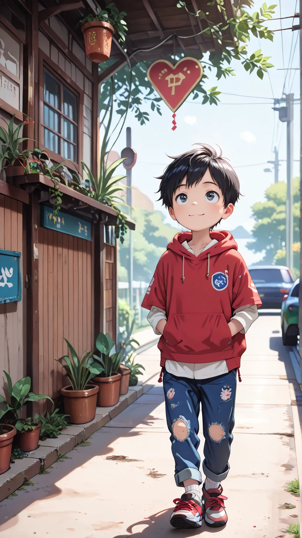 1 boy, ((young boy, )), (solo), black hair, black eyes, (detailed eyes), smiling,
break, (actual clothes: 0.3), short-sleeved hoodie with front pockets, jeans, white socks, sneakers, (full body shot), (from the front), (hands in front pockets of hoodie), looking up, (country road, outdoors), walking,
break, (masterpiece), best quality, top quality, very aesthetic, (exquisite details), natural colors, vivid colors, clear lines, perfect anatomy, (detailed shading), realistic, depth of field, (beautiful background, very detailed background),
