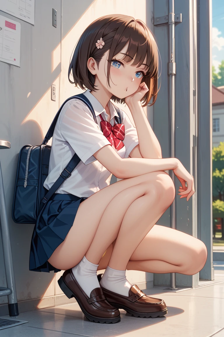 View your viewers,
Black Hair,(Tied Hair,Blunt bangs:1.2), Small breasts,
(Navy blue cuffs and white short-sleeved gym uniform)、(Navy Blue Bloomers)、(
barefoot)、Navy blue socks、sports boots、Ground、Schoolyard, (Highest quality:1.3),One girl,