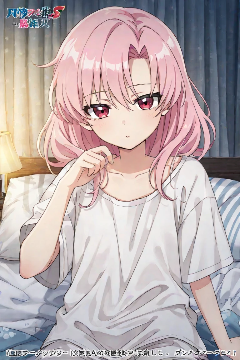 black dress, yuzuriha_inori,wariza,on bed,bare shoulders,