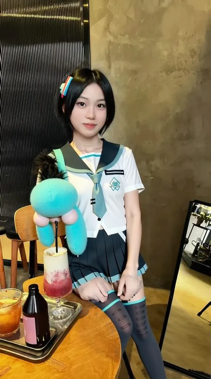 Chinese girl carrying flowers in a school uniform, cute face, short brown hair with a blue headband and blue skirt, medium chest blue shoes and white socks, back of the house and under water