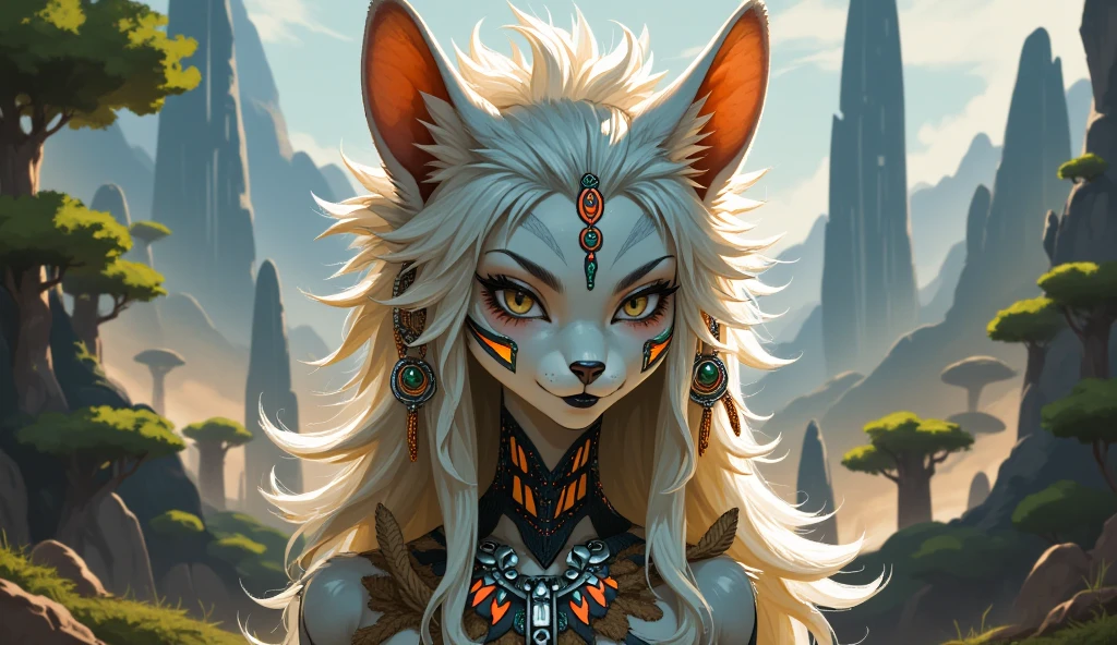 masterpiece, best quality, dark skin girl, fox ears, white long wavy hair, red eyes, large breasts, fox tail, body paint, native american headdress, feathers, colorful native american clothes, standing, vast sky scenery,