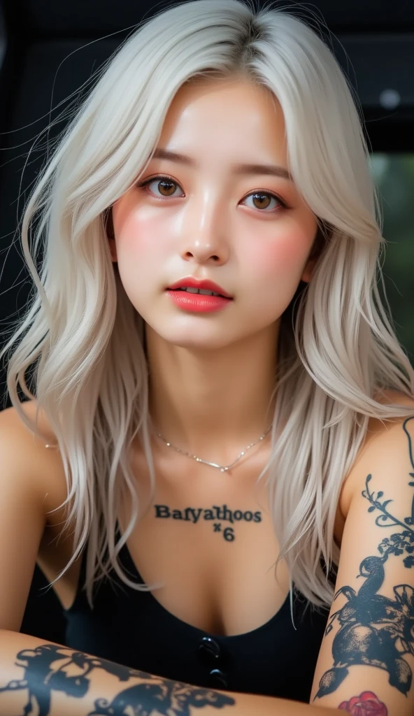 do a semi-realistic illustration of a woman. the woman will be an extremely albino white-haired long and straight, grey eyes and with dark makeup, her lashes will be white too, give her a black long sleeve blouse, small tattoos of butterflies and stars everywhere but her face, freckles on her cheeks and nose, in a ghotic party with ilumination, she is half asian half american, use the kpop star ROSÉ as a refference.