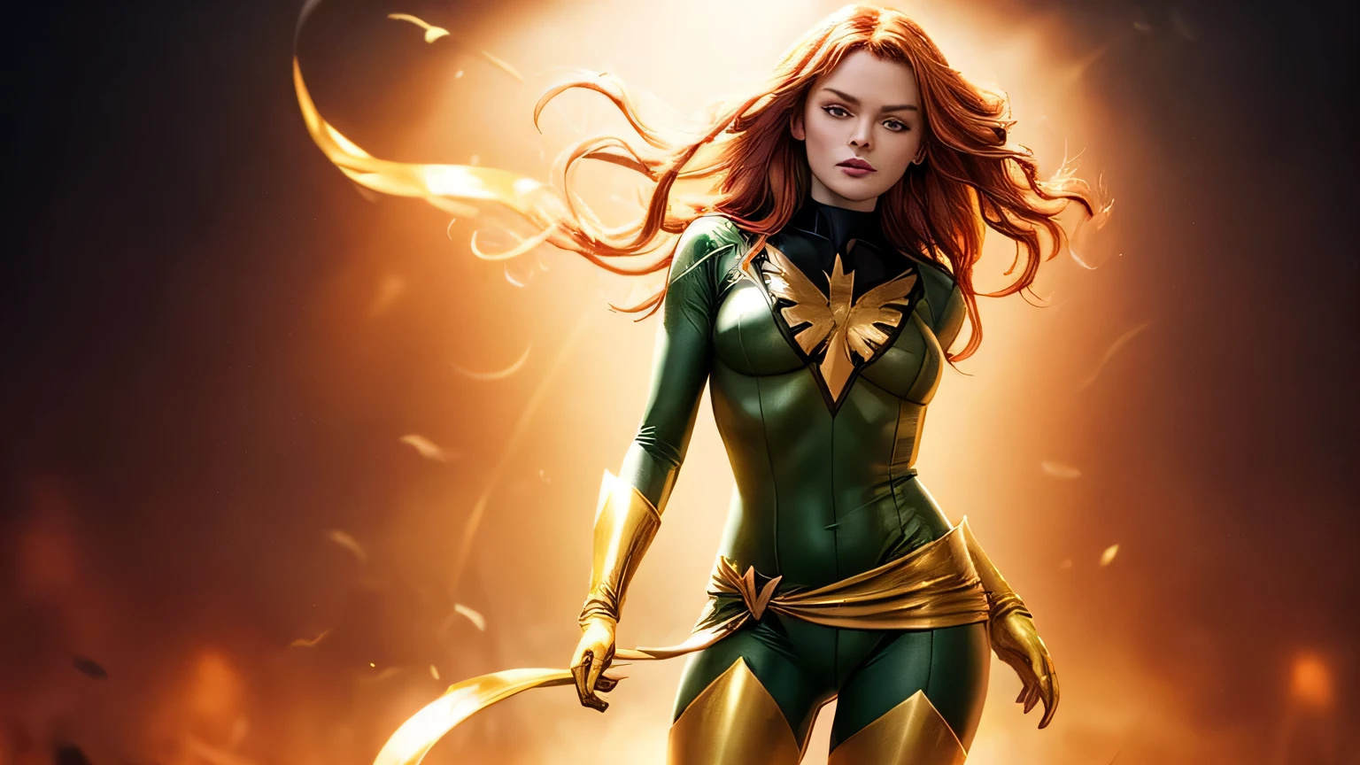  full-body landscape of Sadie Sink as Jean Grey from X-Men, wearing a red bodysuit with gold accents, gloves, and sash, standing in a superhero pose with an elegant, strong posture. Intricate facial features with soft lighting highlighting her beautiful face, sharp focus on her expression, photorealistic details on skin and costume, intricate textures on the bodysuit and gloves, simple but elegant background, cinematic lighting, masterpiece quality, soft glowing light, detailed eyes and lips, realistic hair texture, confident and powerful vibe.
