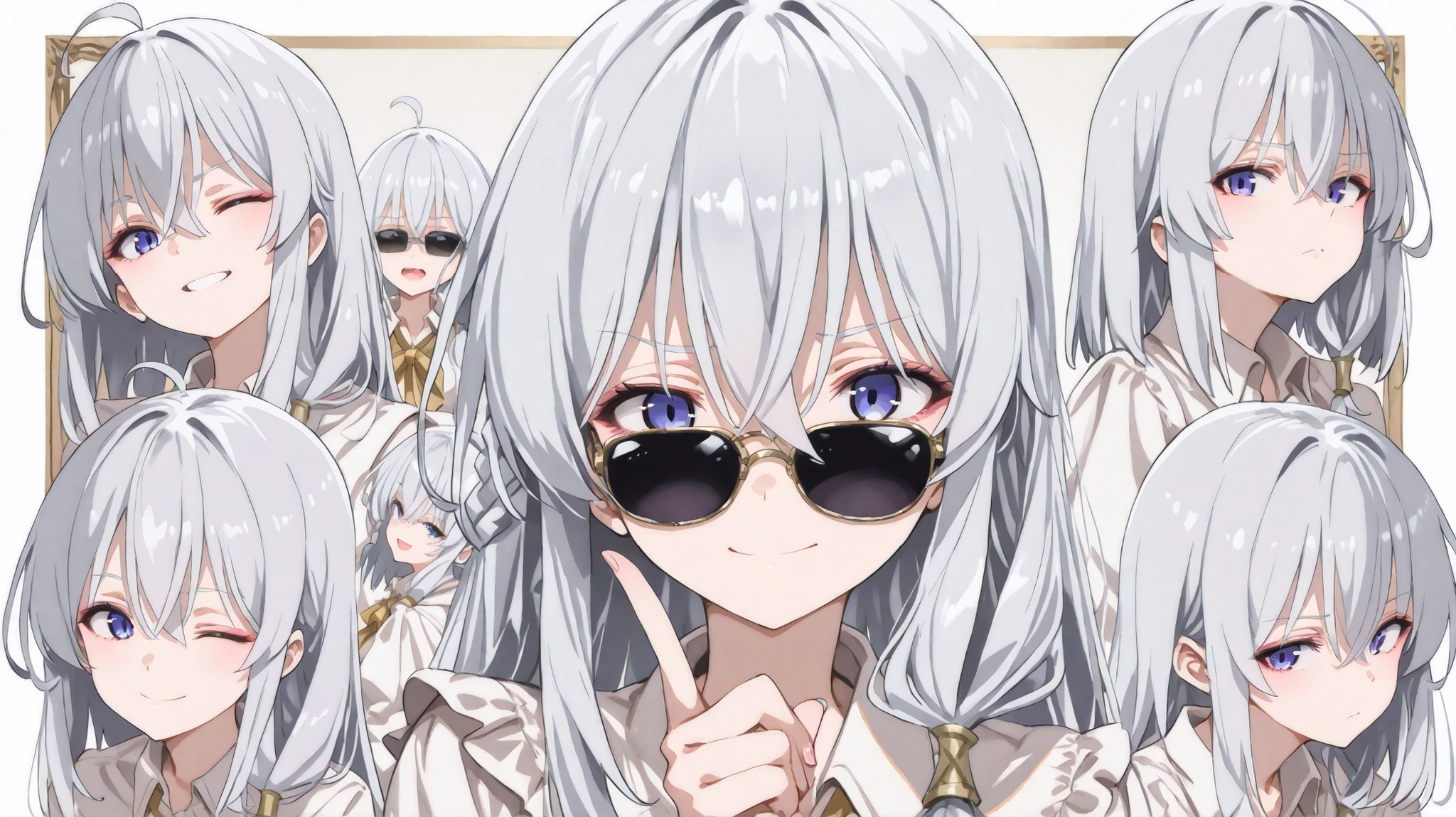 (masterpiece, top quality, completely completed:1.4),collage art、Elaina from majo no tabi tabi with silver hair、beautiful girl、upper body、Blouse、sunglasses、Show your eyes through the gaps、various expressions、9 divided、wink