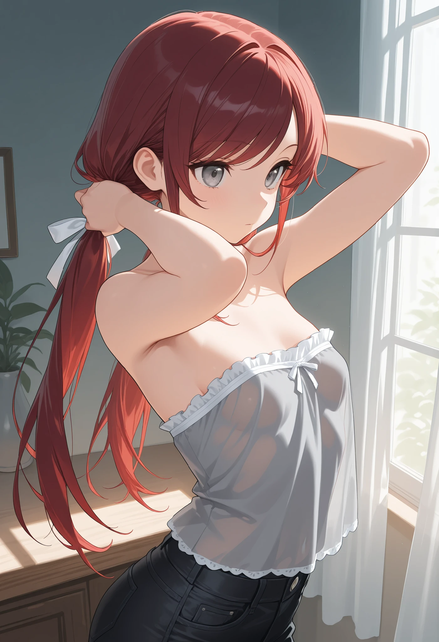 (masterpiece, best quality, high resolution), (Anna Tanaka), tank top, red hair, white see-through panties, NSFW, nipple areola shape stands out, zoom from below, look down at me, pubic shape stands out, drenched in sweat