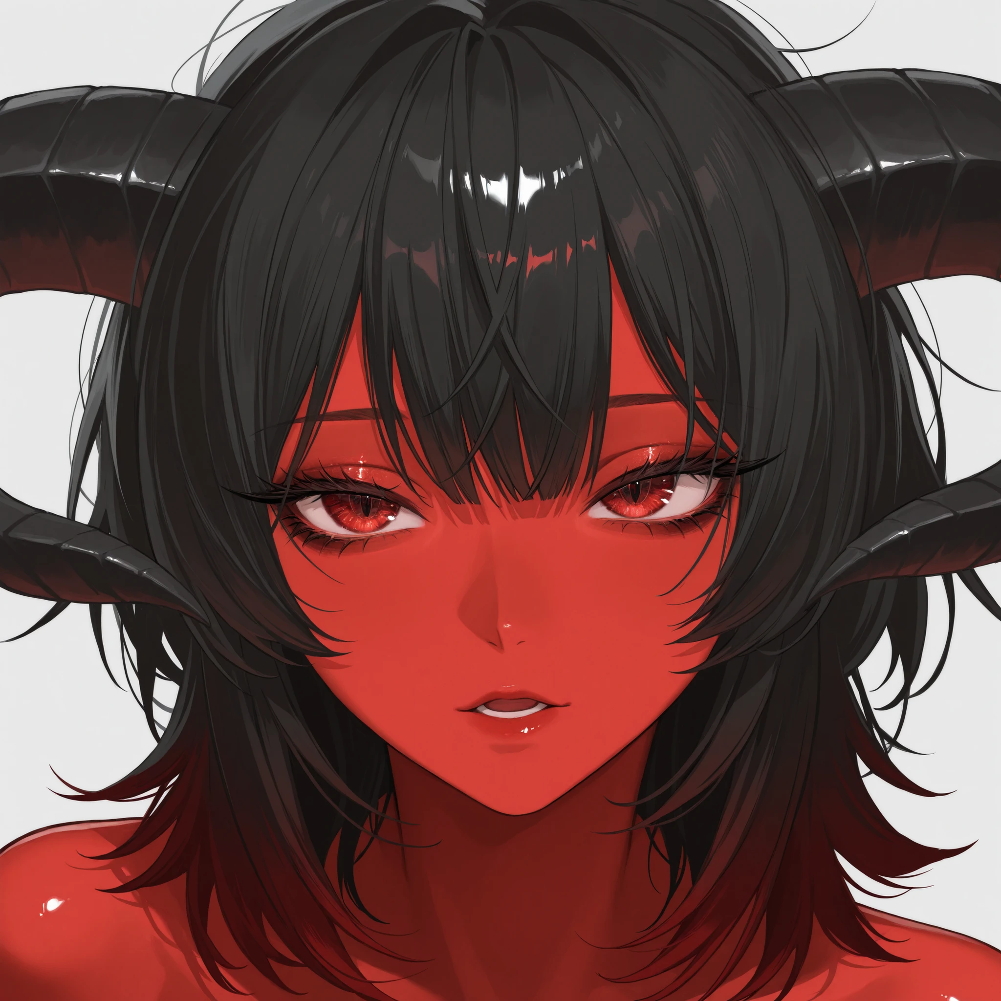 wet woman demon, squatting pose, long shadows on his face eyes that shine yellow, short hair, black claw, nude, sexy pose, black and red patterned background, detail richness, masterpiece, best quality