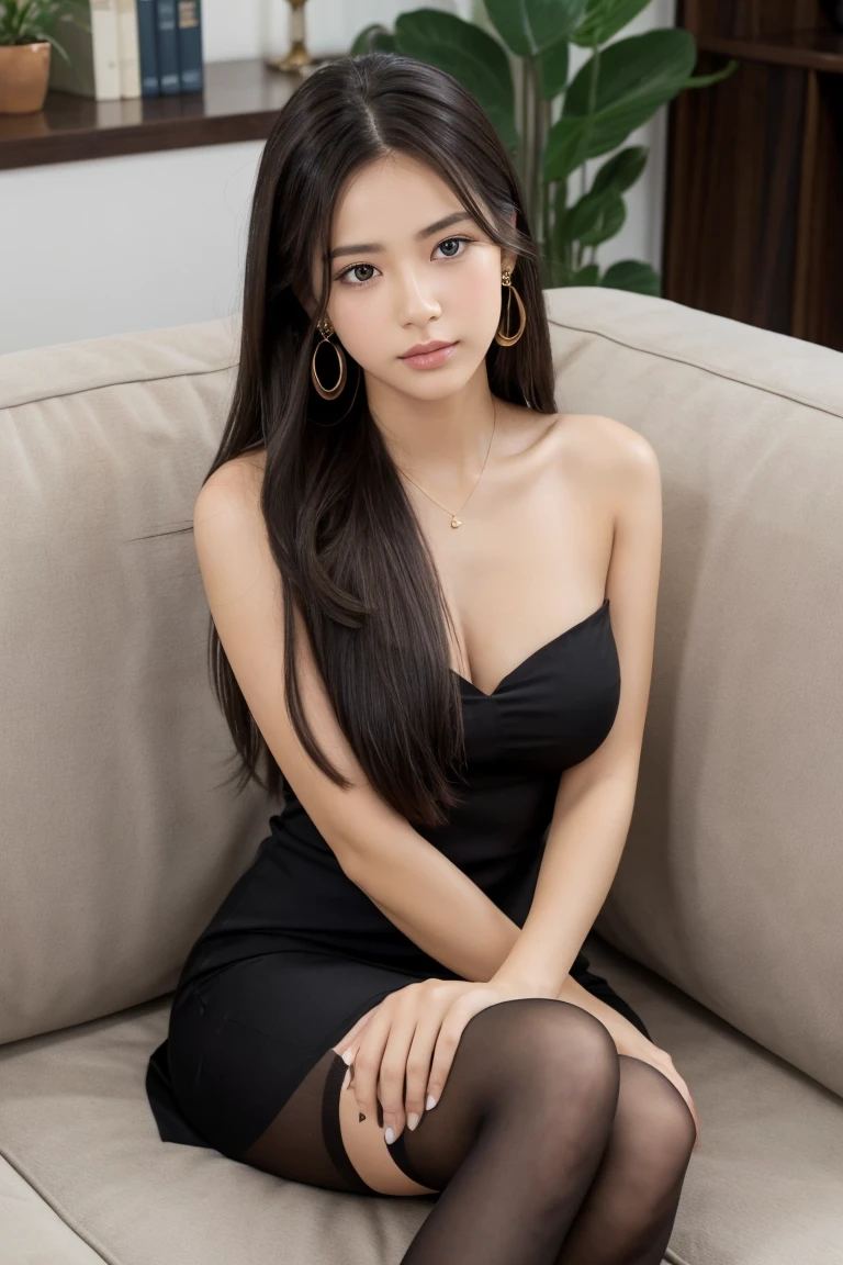 mulher arafed em um vestido preto sentado em uma cama, estilo de julia razumova, modelo do instagram, Angelina Stroganova, Yulia Gorokhova, Anastasia Ovchinnikova, Bella Poarca, Go ahead, Anna Nikonova aka Newmilky, cabelo preto longo e fino, Retrato de Sophie Mudd, ela tem cabelo preto