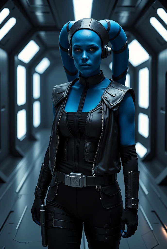 (masterpiece:1.2, best quality:1.2, beautiful, high quality, highres:1.1, aesthetic), detailed, extremely detailed, ambient soft lighting, 4K, perfect eyes, perfect face, perfect lighting, 1girl, (((blue skin)), twi'lek), (wearing black leather jumpsuit, flight suit, unzipped, utility belt, fingerless gloves, rolled sleeves, long boots, ((busty), slender body, thin, slim sexy body, slim waist, slim hips, ((((gigantic breasts), massive , huge , colossal breasts, enormous cleavage))), Imperial starship, Star Wars,