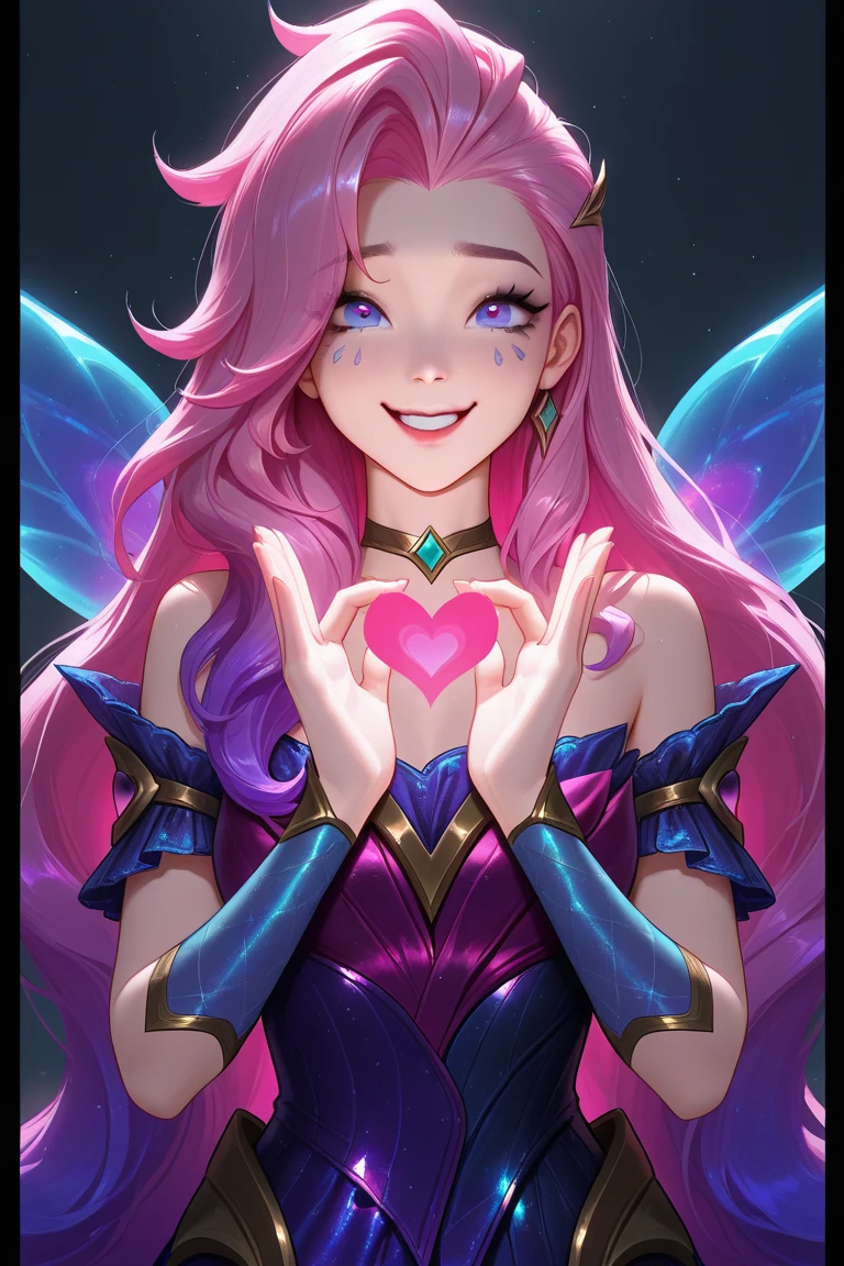 Seraphine dress style from League of Legends, Black Frame Lenses, happy face , heart expression with hands  