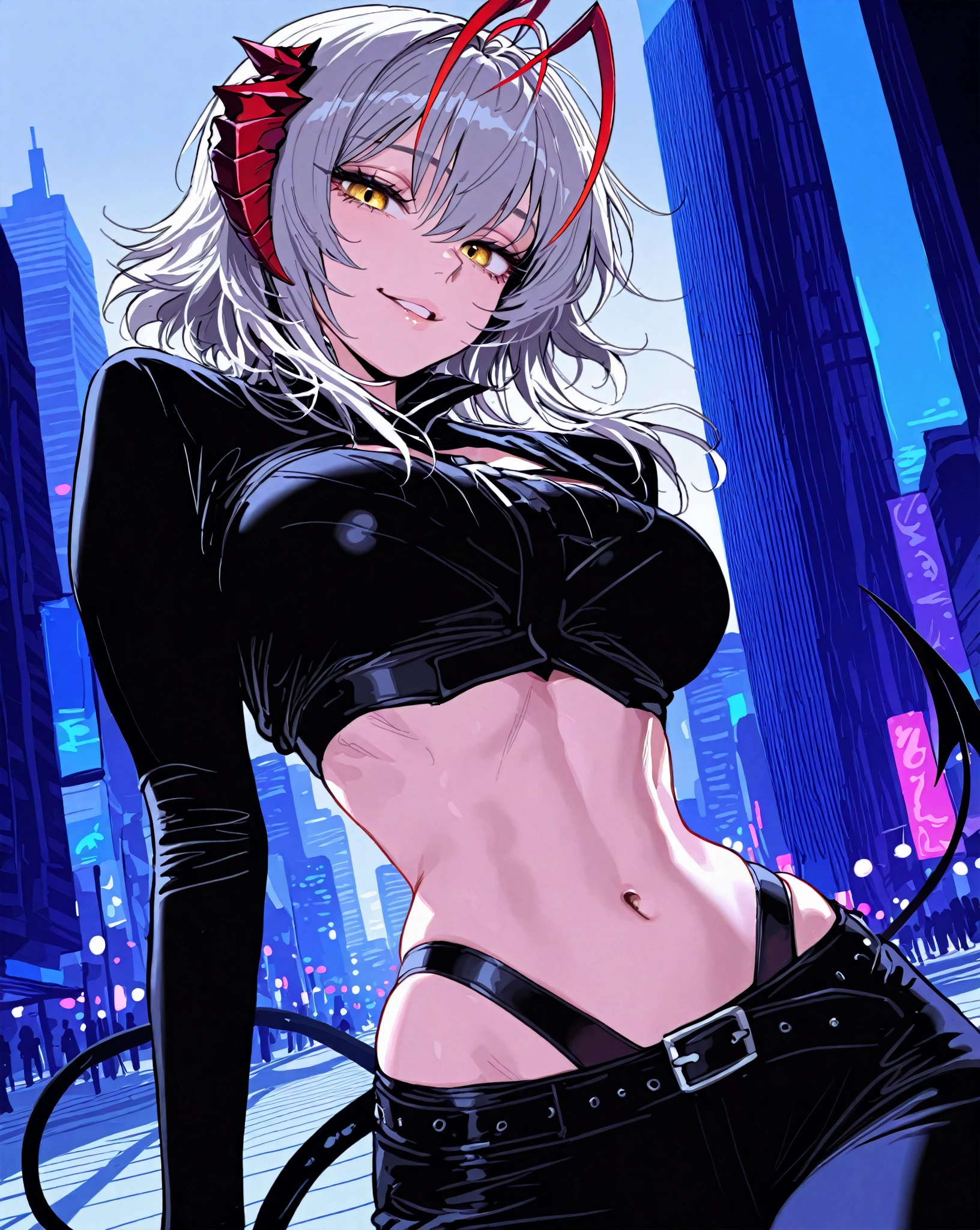 1girl, fefe, red eyes, side ponytail, ear piercing, long hair, blush, lipstick,,fur trim, female, gloves, fur-trimmed coat , outdoors, rooftop, cityscape, building, railing, night, night sky, scenery, moon, city lights, gloves, masterpiece, best quality, highly detailed, a girls with a gun, evil smile , open mouth, sexy g, badass
pose , evil smile, smile, (nsfw) not safe for work, guns blazing, anime girl with long hair, beautiful long
haired girl, navel, evil expression, exposed belly, exposed navel, exposed midriff, exposed lower belly,
long black pants, crop top, cleavage,ned leather pants ,open fly, low rise black leather pants,
leather jacket, holding a gun, navel piercing