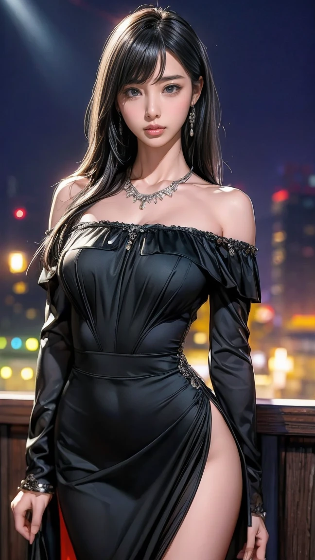 (masterpiece, photorealistic:1.4, extremely intricate:1.3), (photon mapping, radiosity, physically based rendering, ultra resolution, hyper-realistic, photorealistic:1.4, hyper-realistic, 8K), ((((closeup breasts portrait, [supermodel:athlete:0.2], (wide eyes, long lashes)), long straight ([glossblack hair:blonde hair:0.7], [makeup:freckles:0.8])), necklace), blue eyes), smile. laugh, BREAK, (((indoor, restaurant, party, night, dark, shadows, (black gold chinoiserie elegant:1.3 dress))))
