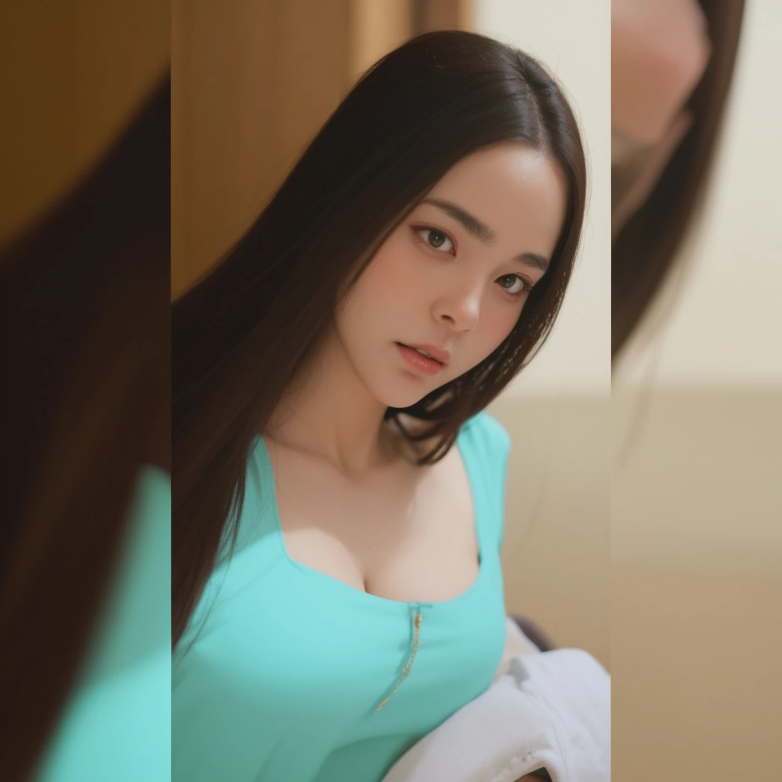 (green dress:1.2),1girl,hourglass body shape,waist up,