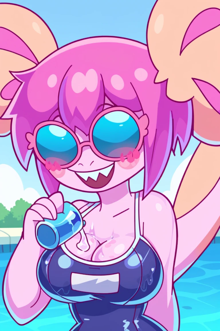 (best quality:1.2), cowboy shot, (solo):1.5, (1girl):1.5, glasses, long fluffy pink hair, gorgeous body, slight smile, (bikini clothes), under a beautiful palm on a windy beach, delicate abs, navel exposed, mid breasts, oil painting, ultra-detailed, professional, vivid colors, portraits, warm color tone, soft lighting.
