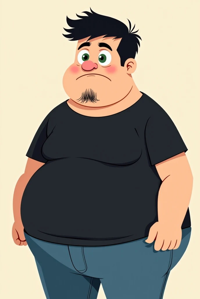 A boy with curly hair and a red streak and he is very big and corpulent posing in a mirror putting one hand in his hair and the other lifting his shirt showing his chest