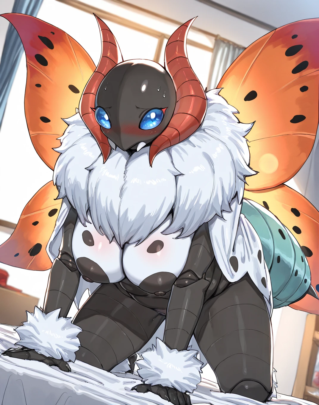 score_9, score_8_up, score_7_up, score_6_up, score_5_up, score_4_up, source_anime, kemono style, Anthro, an Anthro female moth, white moth girl, fluffy white furry body, yellow eyes, black sclera, nostrils, fully naked, black nipples, tall, skinny, white fluffy body, neck fluff, short white hair, moth antennae, two moth wings,
