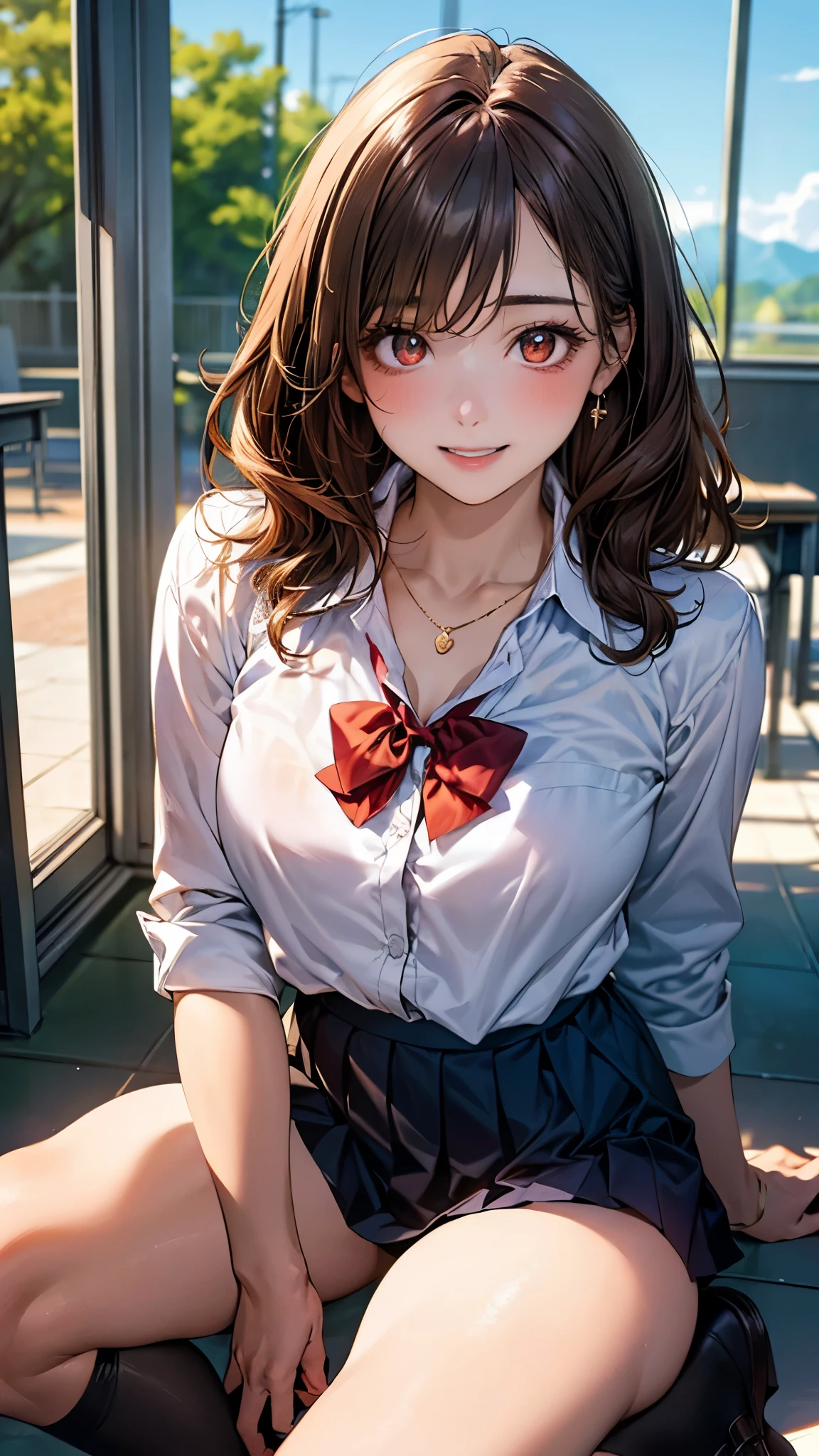 ((Highest quality, High resolution, masterpiece, detailed)),
View your audience, Cowboy Shot, Written boundary depth, Anatomically correct, 1people, female, Perfect Face, Cute and symmetrical face, Shiny skin,
(Medium Hair, Blonde), Chestnut brown eyes, Long eyelashes, (Large Breasts:0.8),
Beautiful details, Beautiful Hair, Beautiful Face, Beautiful clavicle, Beautiful body, Beautiful breasts, Beautiful thighs, Beautiful feet,
(Collared shirt, Blue pleated skirt, Red bow tie, necklace, Sexy Lingerie),
(Beautiful views), evening, walk, Tree-lined street, (Naughty face), Skirt Lift,