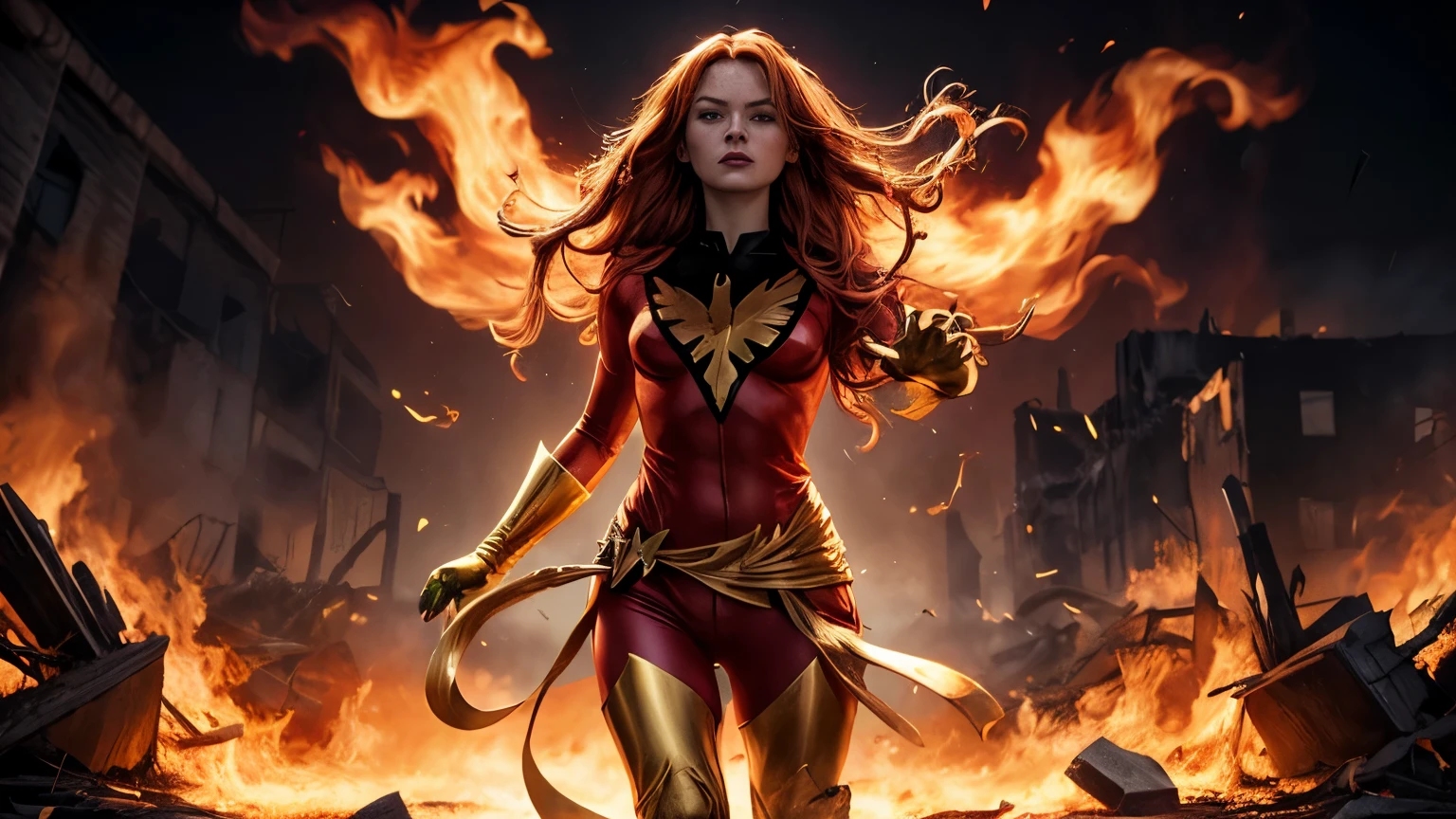 full-body landscape of Sadie Sink as Jean Grey from X-Men, in her Dark Phoenix form, wearing a red bodysuit with gold accents, gloves, and sash, striking a powerful and threatening superhero pose. Her face shows a fierce, intense expression with glowing green eyes, symbolizing her power and control over fire. The atmosphere around her is charged with dark, swirling flames, orange and red fire roaring with energy, dark smoke rising, and lightning crackling through the air. The background is dark and ominous, with faint glimpses of destroyed cities or crumbling landscapes, emphasizing the destruction caused by her powers. Photorealistic texture on her skin, hair, and fire details, sharp lighting and shadows creating a menacing, intimidating look, making her appear both majestic and dangerous. Masterpiece quality.