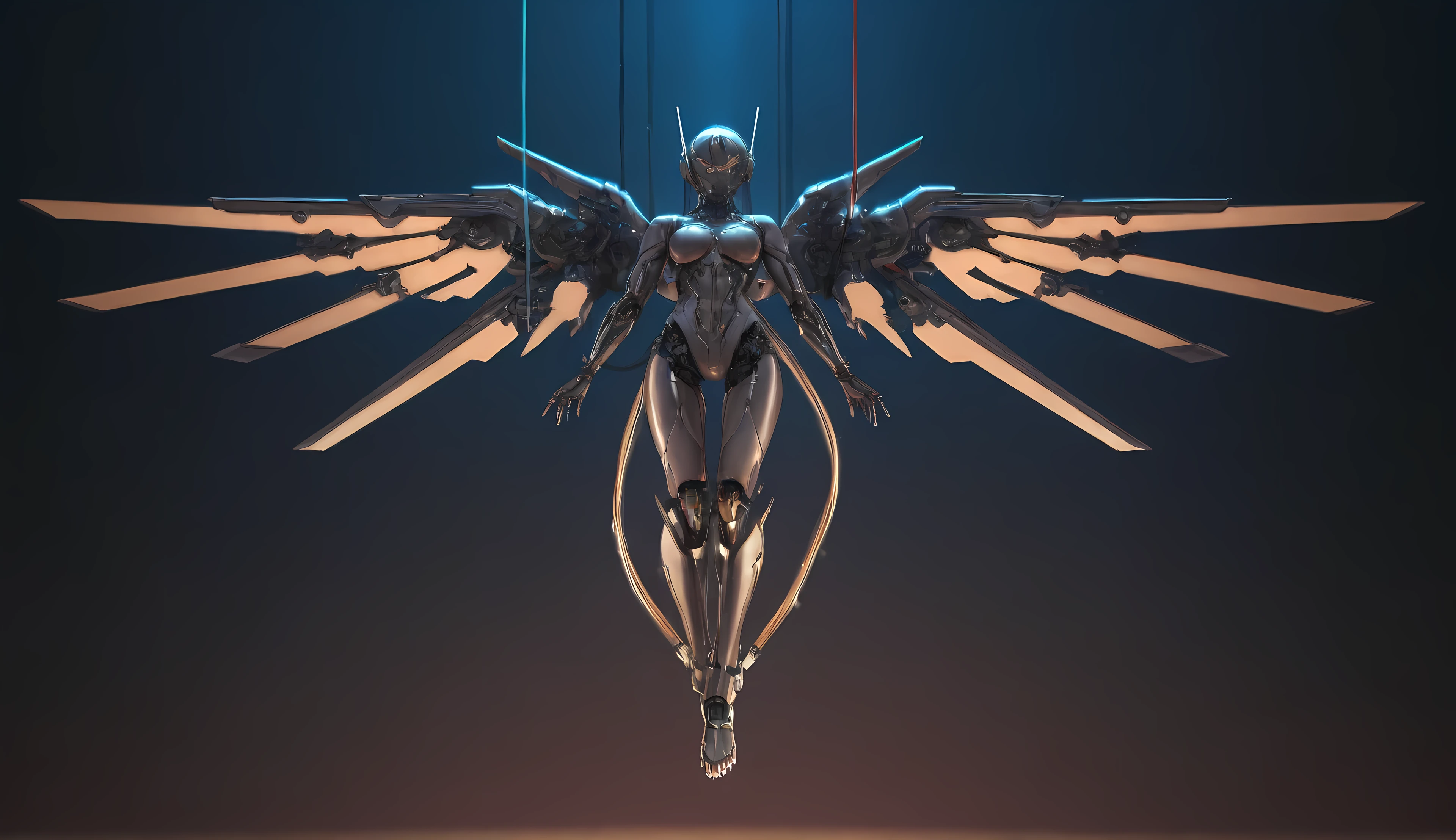 Anime drawn image, intricate, detailed, ornate, fantasy, machinery, neon, cyborg, mechanical parts, mechanical limbs, mechanical wings, cybernetic augmentations, probes, cables, wires, suspended in the air, ray tracing, 16k, UHD, cinematic, masterpiece, award winning