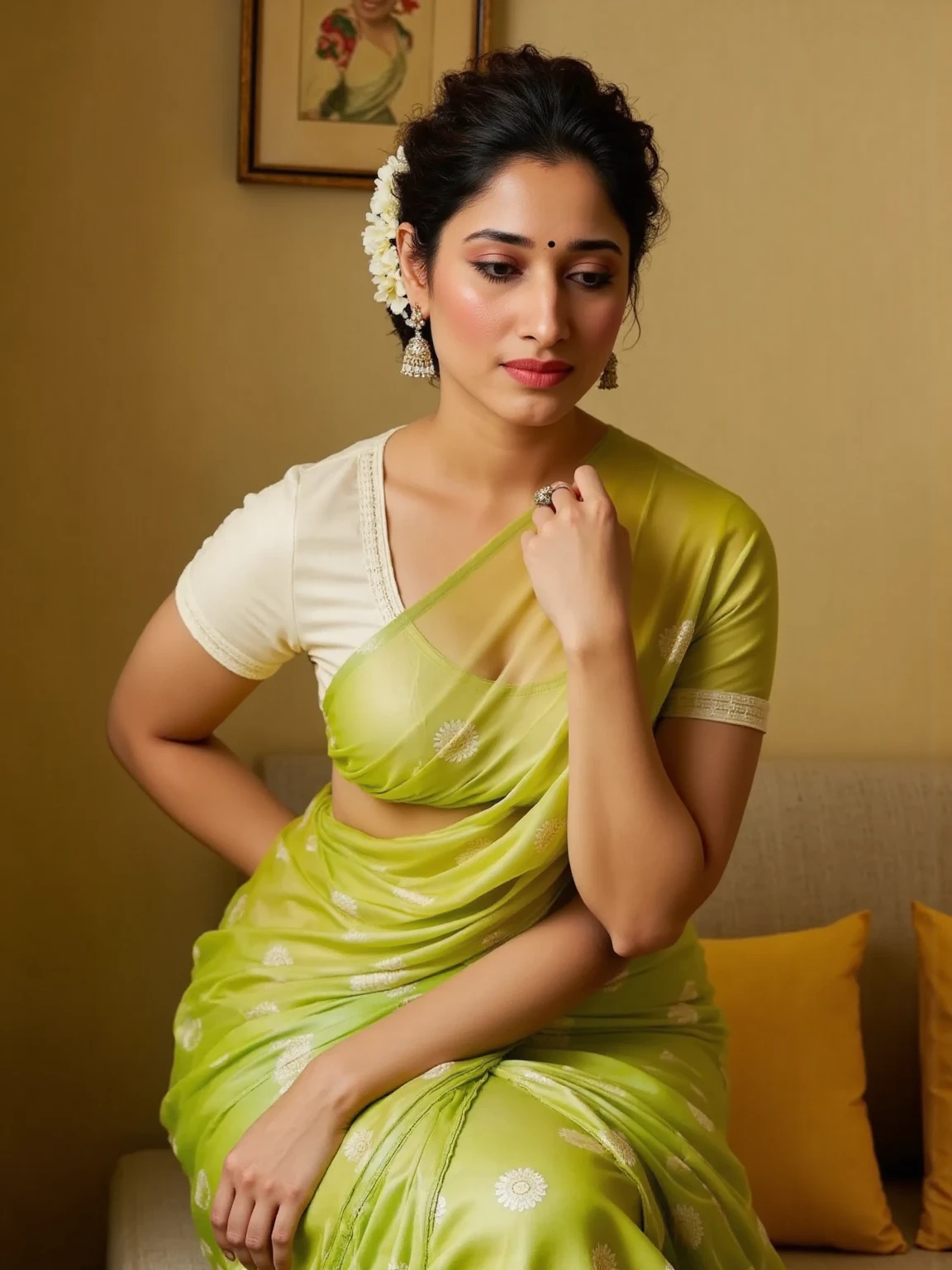 a photo of a cute 30-year-old woman, dglattev2_TI, professional portrait photo,Flared nostrils of intensity look on face, high neck Lime Green Kanjeevaram Silk Saree, high ponytail and bangs, soft lighting, solo, background of Restaurant