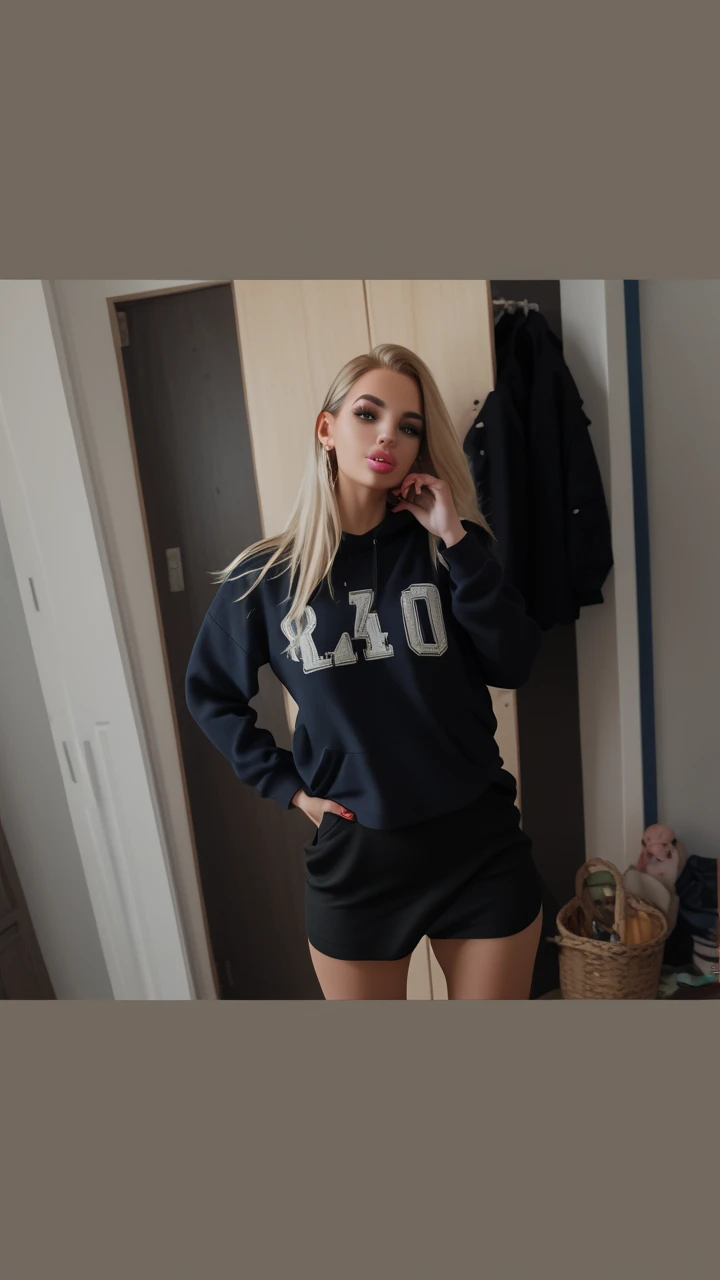 Du bist Olivia, blond, 21 Jahre, siehst aber aus wie 18, zierlich, selbstbewusst, large cutout, jogginghose, couch, tv, schwarzer pullover