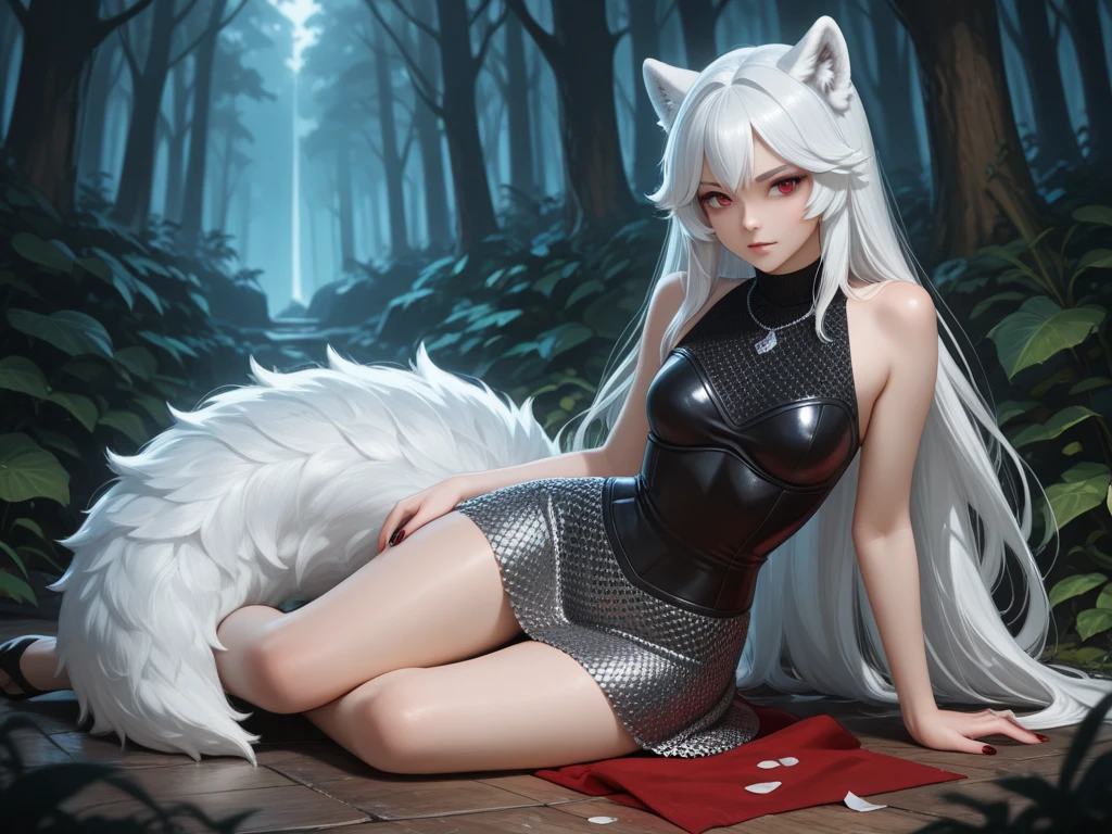 Female wolf furry, black stockings, yellow eyes, floppy ears, black paws, white fur,
