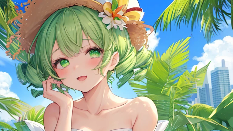big boob, cleavage, vanilla, ice cream, melted, sheer blouse, see, bikini, flower, sweaty, cute face, small face, summer, long hair, green hair, girl, sweaty, blue ocean, blue sky