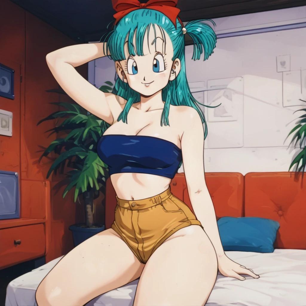 score_9, score_8_up, score_7_up, BREAK from above:1 ,,(girl sit on chair,on your back,spread legs),Rest on your chin,1girl,bulma, blue eyes, blue hair,bare shoulders, belt, cleavage, hair bobbles, hair ornament, hair over shoulder,medium breast,midriff, navel, one side up, red tube top, shorts,ass, side ponytail, (strapless, tube top,under_boob:1),looking at viewer,facial expression,smile,masterpiece, best quality,  detailed body, highly detailed, anime coloring.anime,[anime_screencap:0.8] , highly detailed,
